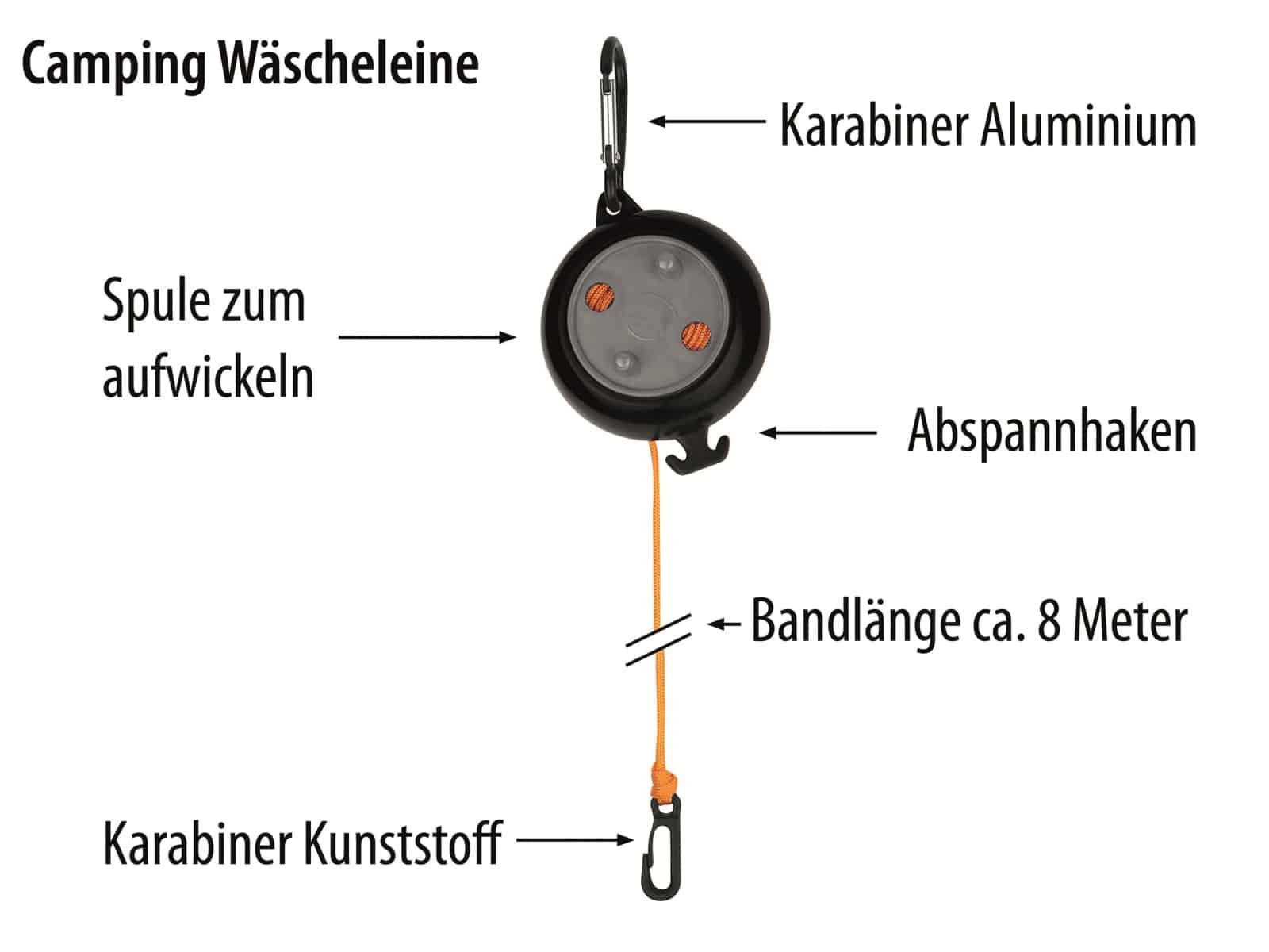 CALIMA CAMPING EQUIPMENT Wäscheleine 46059, aufrollbar, ca. 8 m