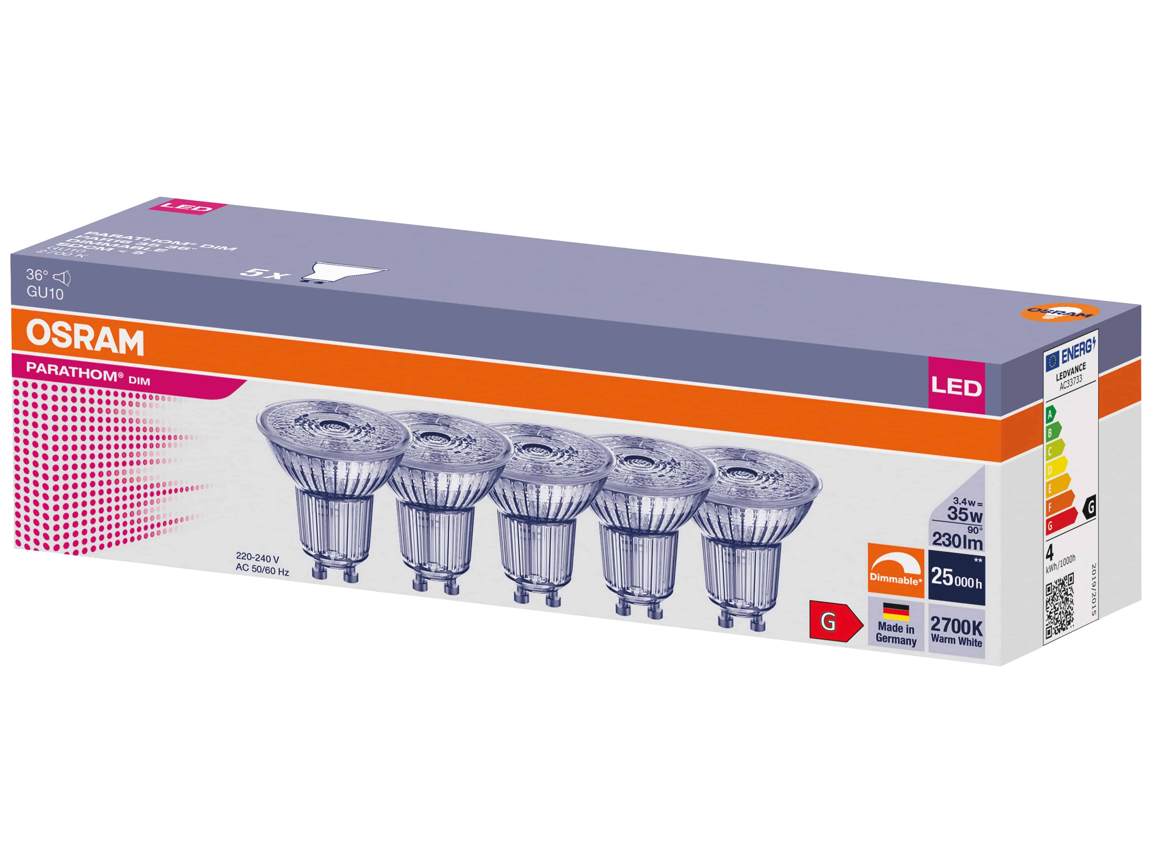 OSRAM LED-Reflektorlampe PARATHOM DIM, PAR16, GU10, EEK: G, 3,4 W, 230 lm, 2700 K, 5 Stück