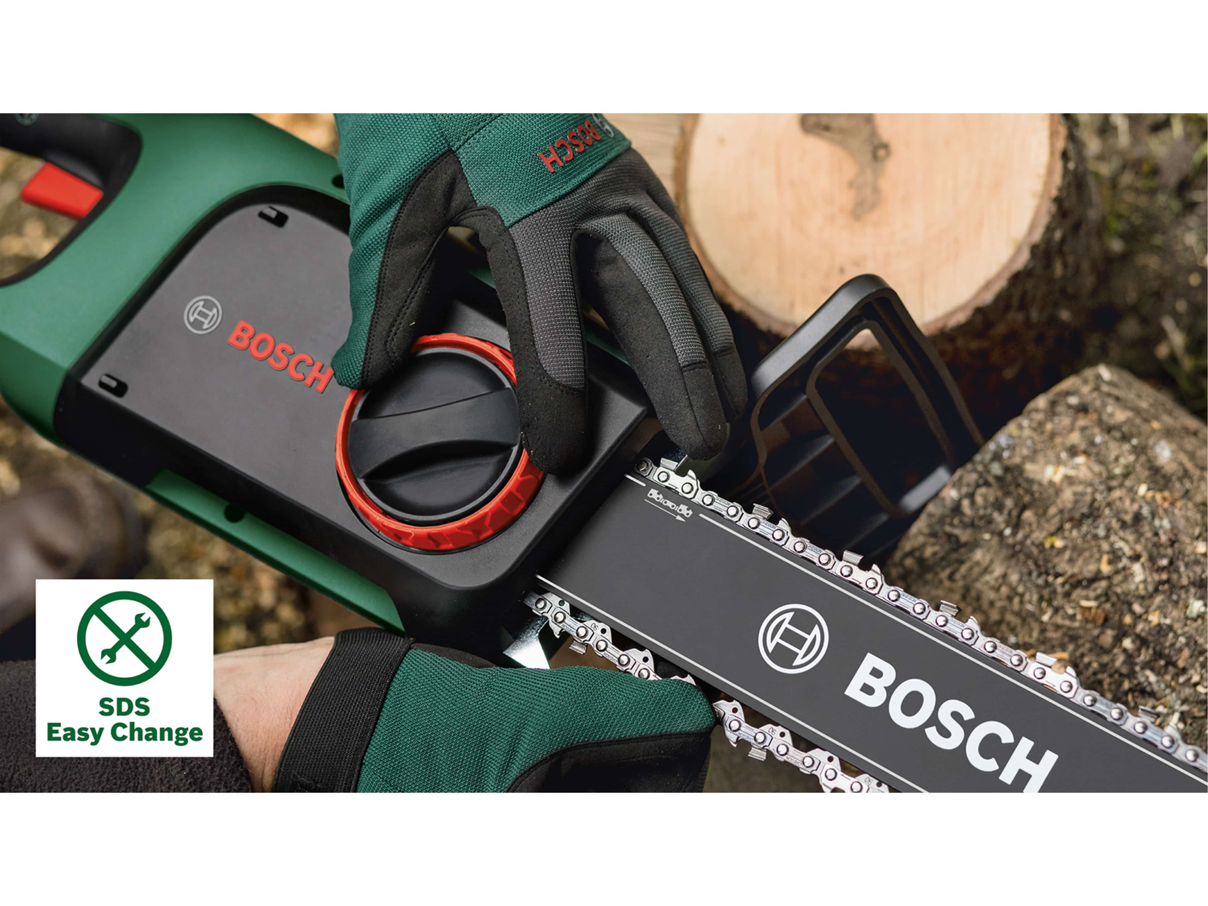 BOSCH Kettensäge UniversalChain 35, 06008B8304, mit 2 Sägeketten