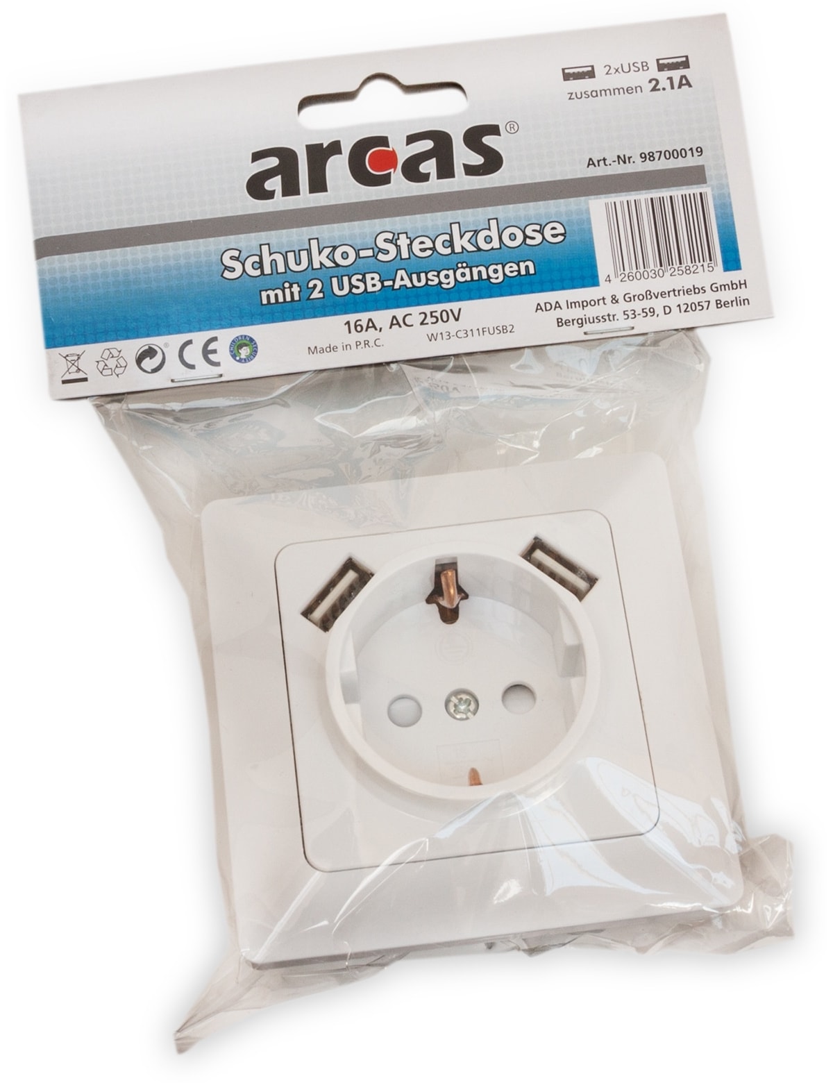 ARCAS Schutzkontaktsteckdose 98700019, 2x USB