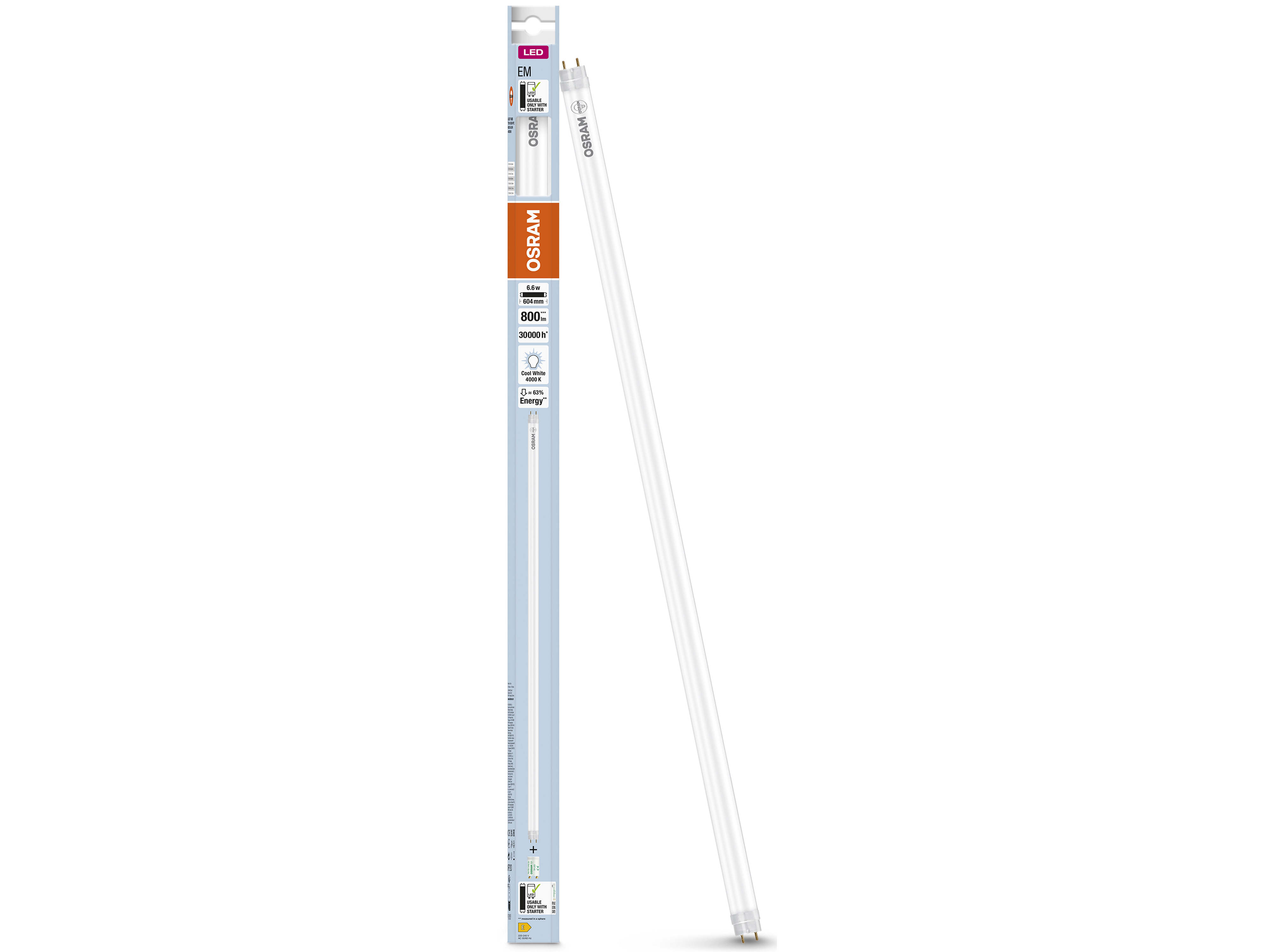 OSRAM LED-Röhre, T8, 600mm, G13, EEK: E, 6,6W, 800lm, 4000K, PC