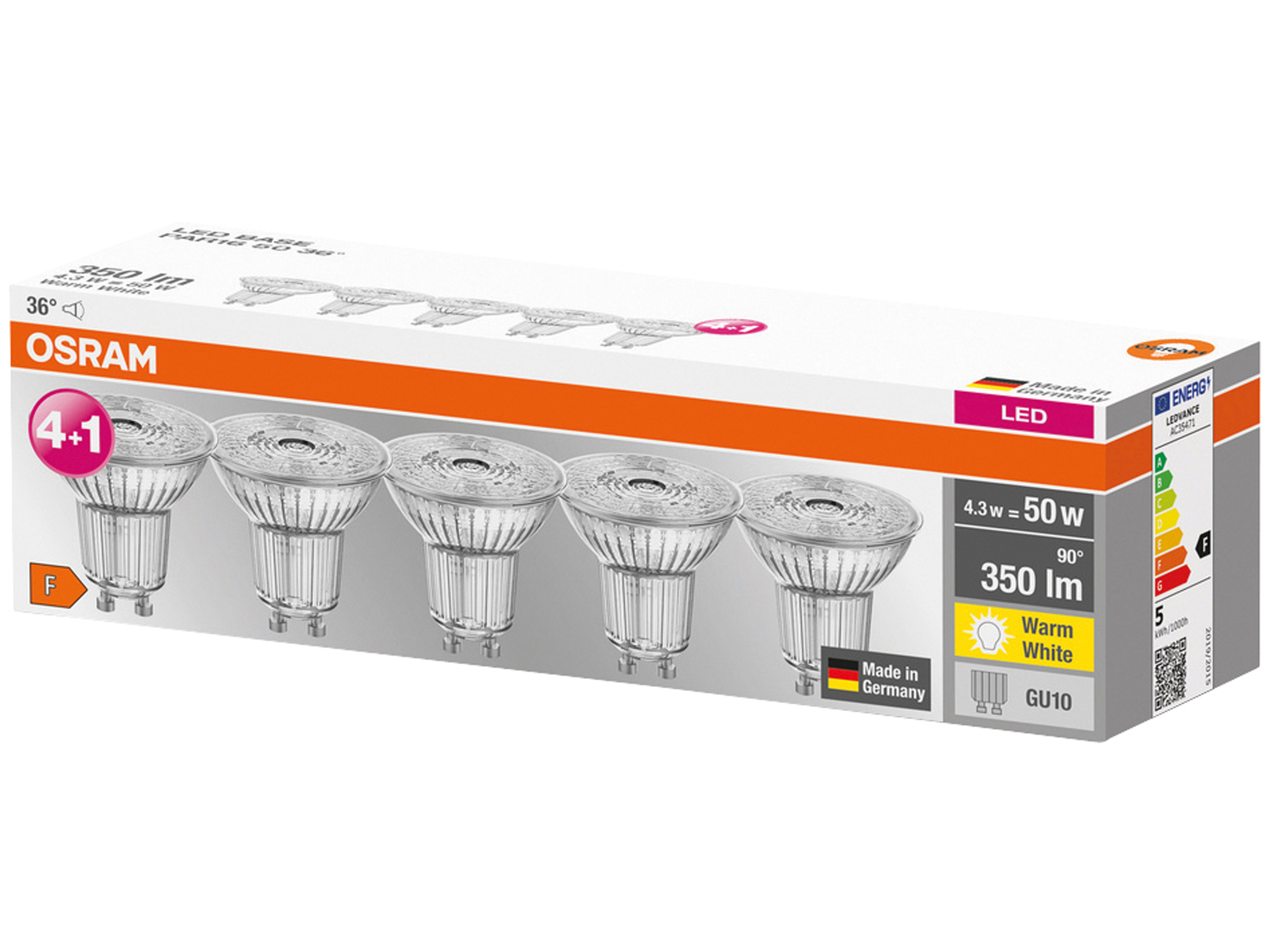 OSRAM LED-Reflektorlampe Star, PAR16, GU10, EEK: F, 4,3 W, 350 lm, 2700 K, 5 Stück