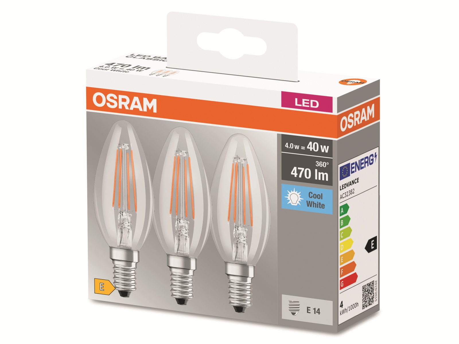 OSRAM LED-Lampe BASE CLASSIC, B40, E14, EEK: E, 4 W, 470 lm, 4000 K, 3 Stück