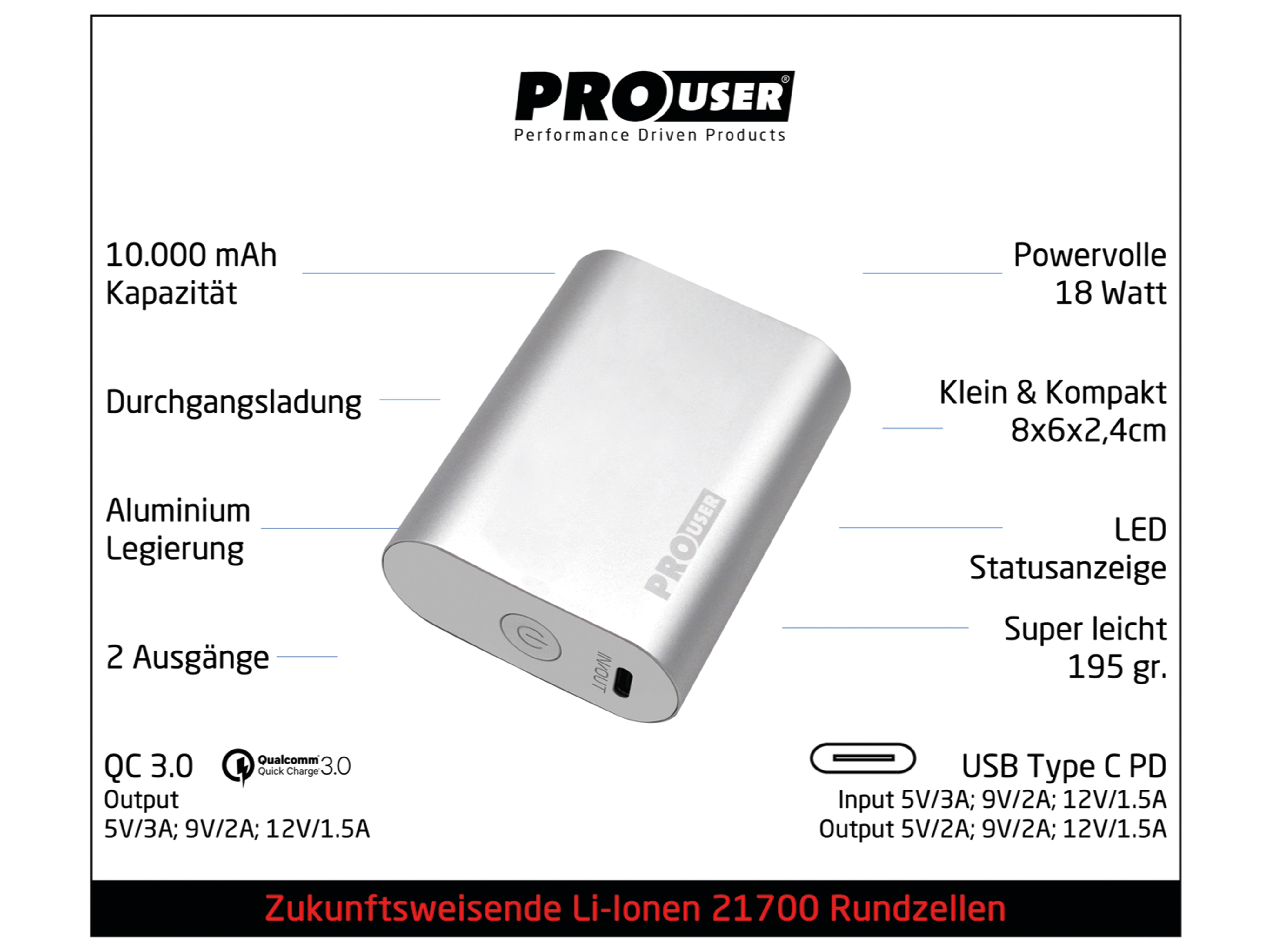 PROUSER USB Powerbank 20159, 10.000mAh, Li-Ionen, 21700 Cell, silber 