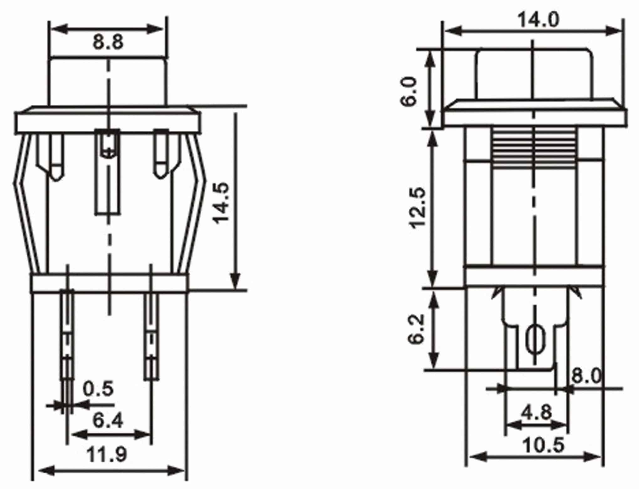 Snap-in Drucktaster mit Lötösen, 14x14 mm, gelb