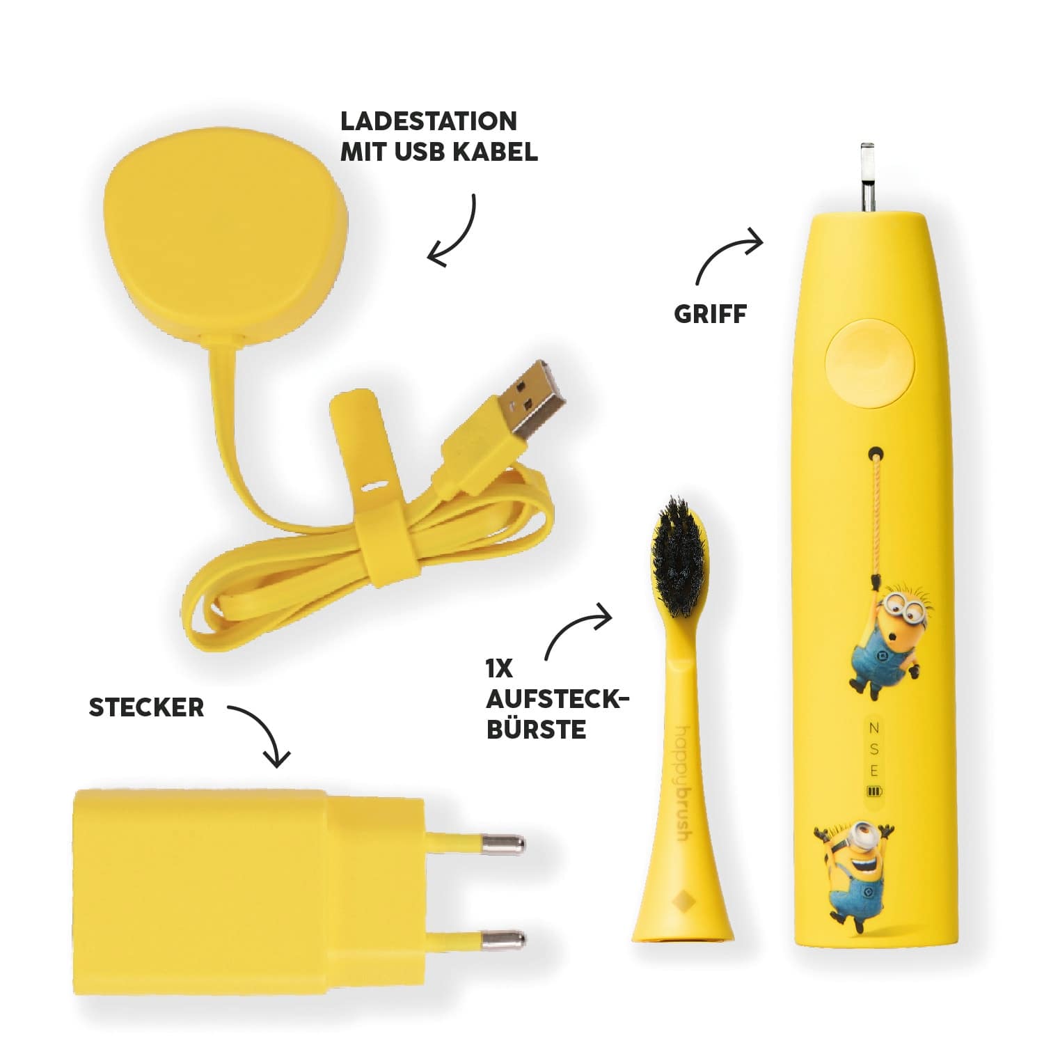 HAPPYBRUSH Elektrische Zahnbürste ECO VIBE 3, Starterkit Minions