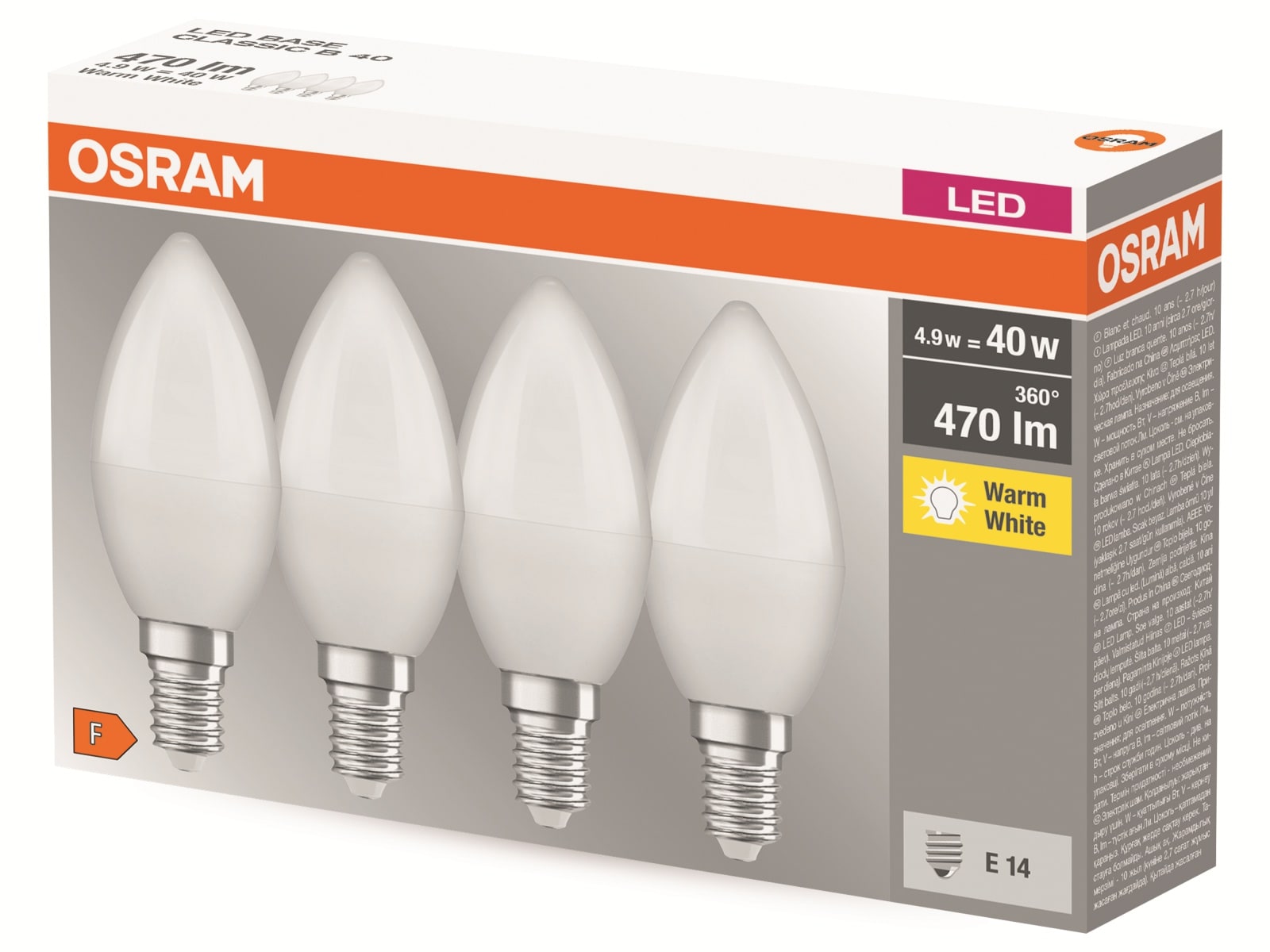 OSRAM LED-Lampe, CLB40, E14, EEK: F, 4,9W, 470lm, 2700K, 4 Stk
