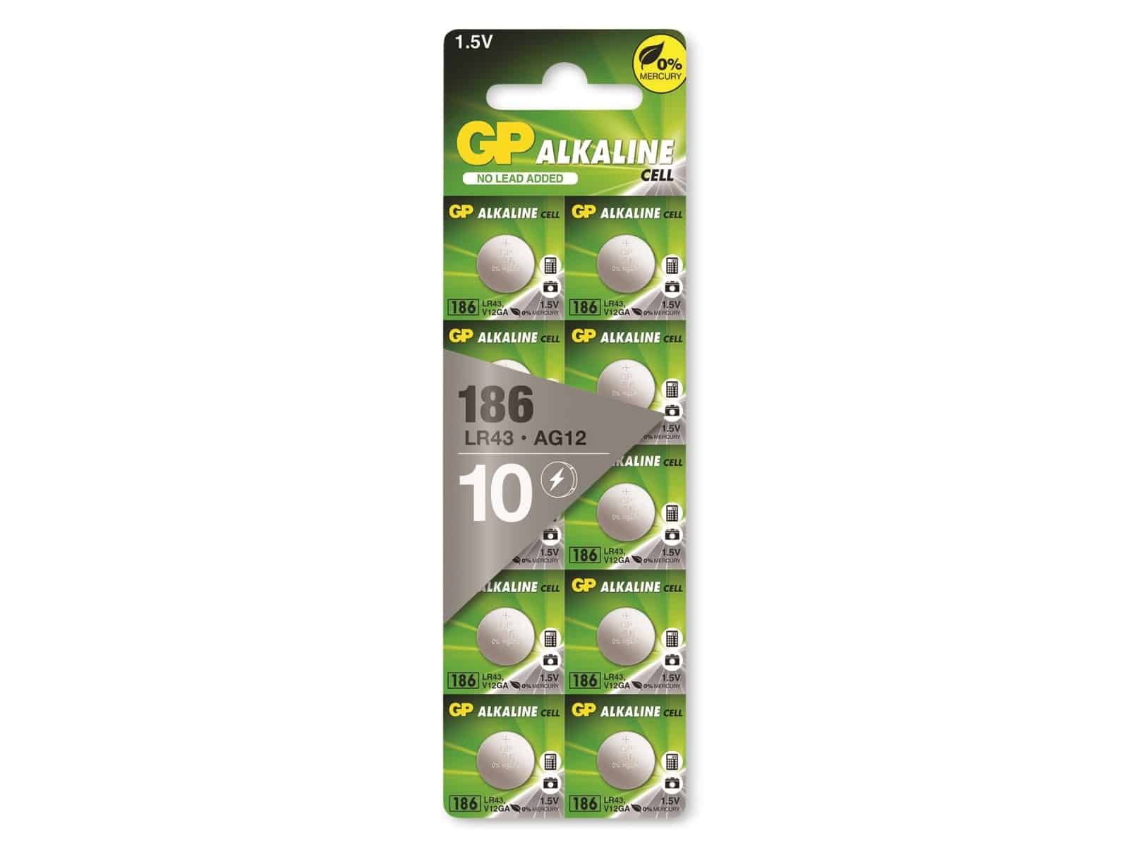 GP Alkaline-Knopfzelle LR43 V12GA, 1,5V, 10 Stück