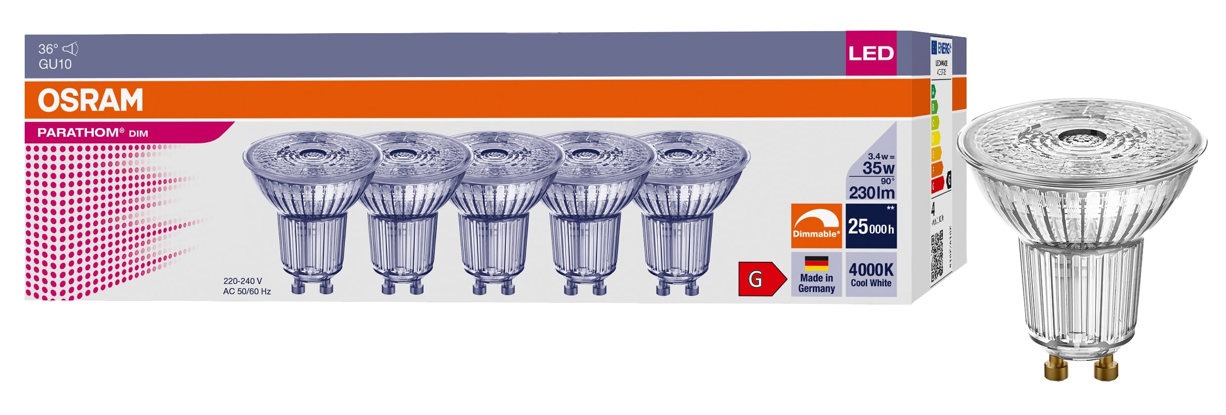 OSRAM LED-Reflektorlampe PARATHOM DIM, PAR16, GU10, EEK: G, 3,4 W, 230 lm, 4000 K, 5 Stück