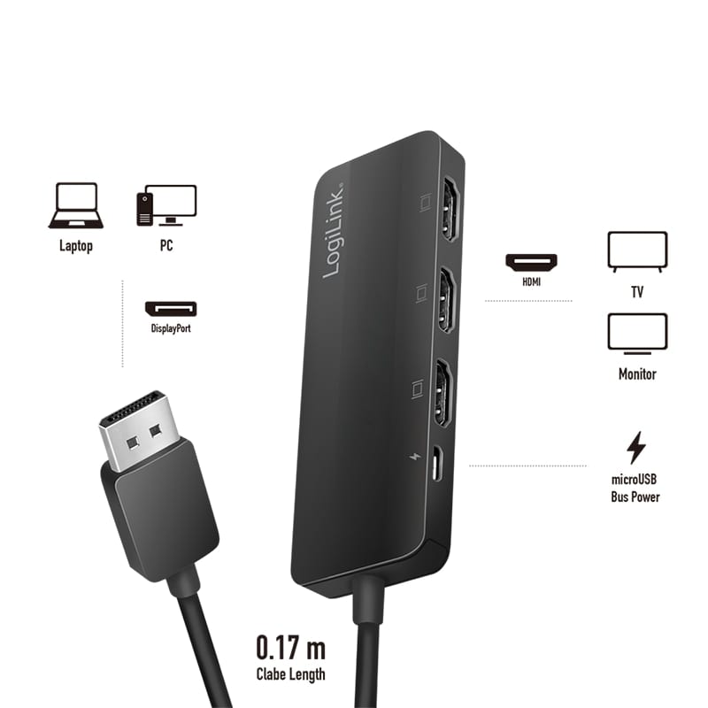 LOGILINK DisplayPort-Splitter CV0146, 4K, 1x DP zu 3x HDMI, schwarz