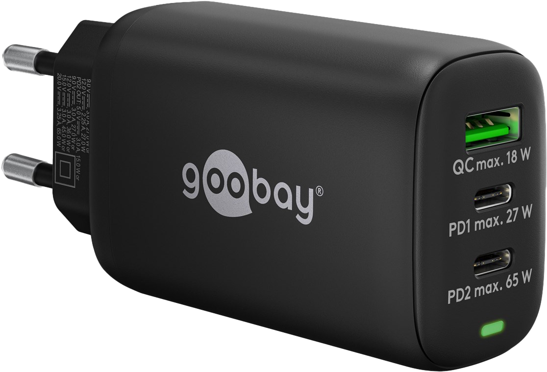 GOOBAY USB-Lader 61760, 3-fach, 3 A, 65 W, 2x USB-C PD, 1x USB-A QC, schwarz