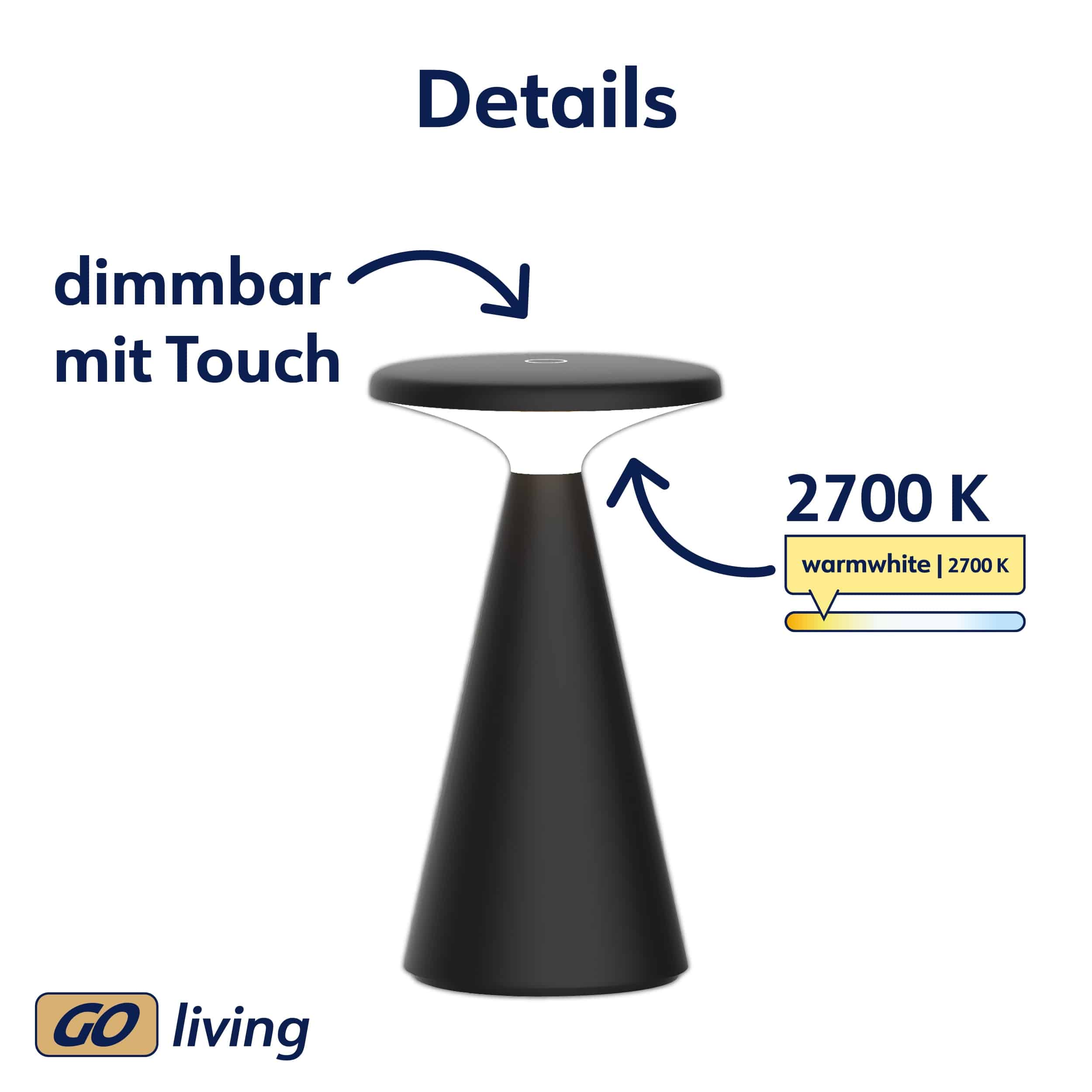 MÜLLER-LICHT LED-Akku-Tischleuchte 27700205, dimmbar, 2700K, warmweiß, schwarz