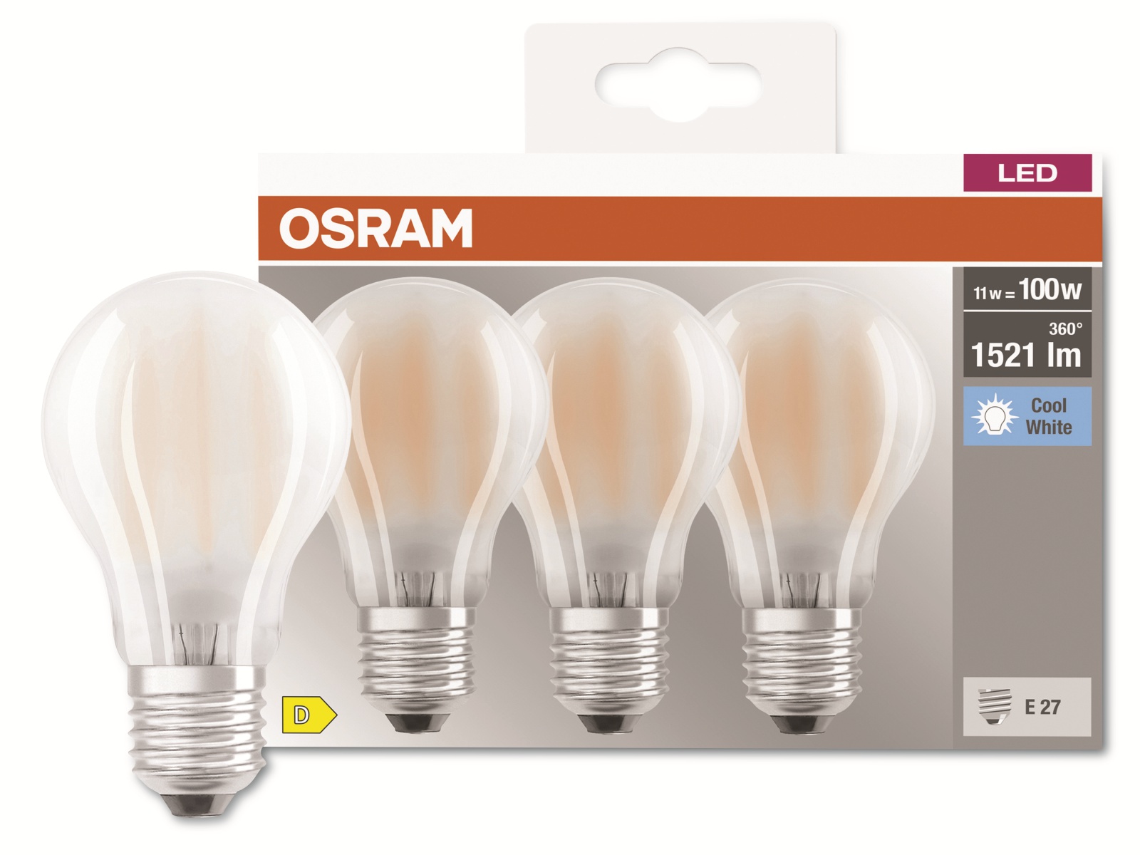 OSRAM LED-Filament-Lampe, CLA100, matt, E27, EEK: D, 11W, 1521lm, 4000K, 3 Stk