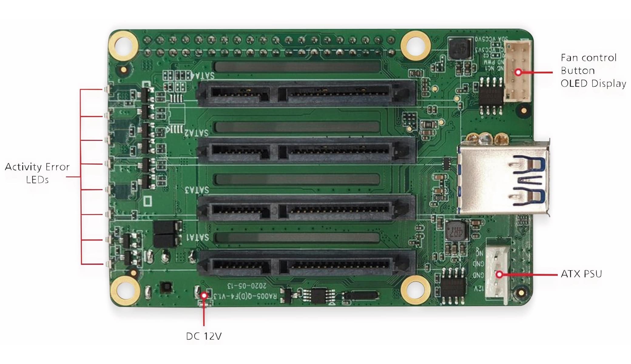 RASPBERRY PI 4 SATA Quad HAT NAS Platine für Netzwerkspeicher 