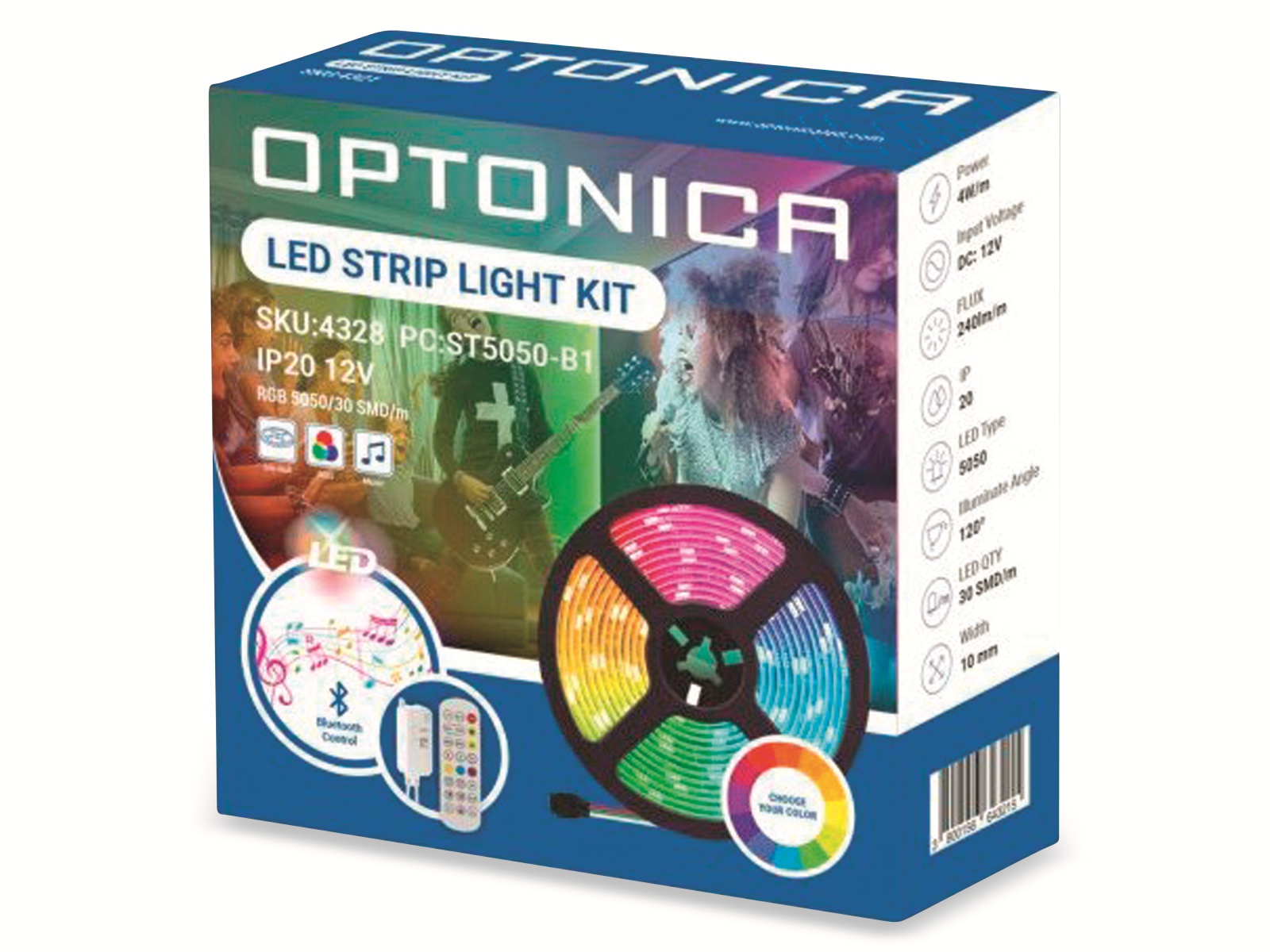 OPTONICA LED-Strip, RGB 4328, 12 V, 30 LEDs, EEK: F, 12 W, 1200 lm, mit Fernbedienung, App, 5 m
