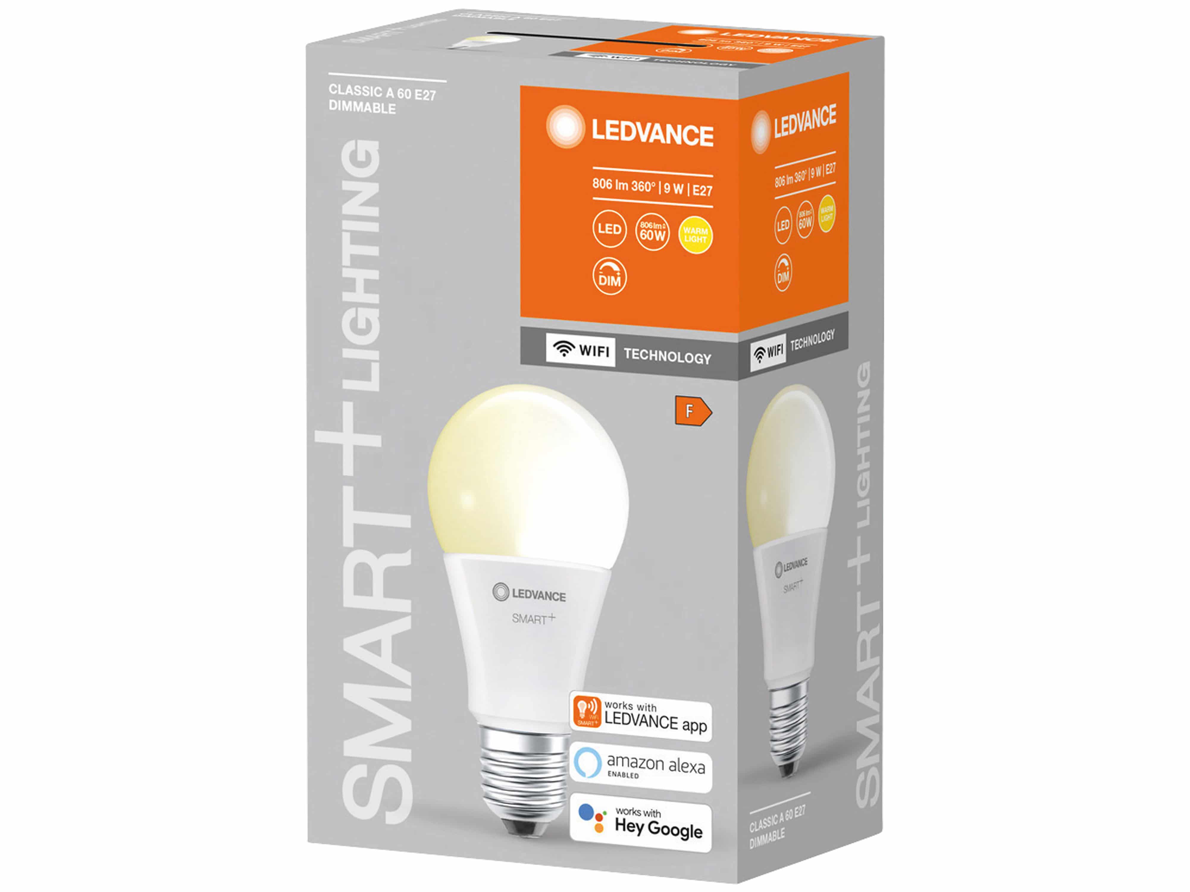 LEDVANCE LED-Lampe SMART+ WiFi Classic, A60, E27, EEK: F, 9 W, 806 lm, 2700 K, Smart