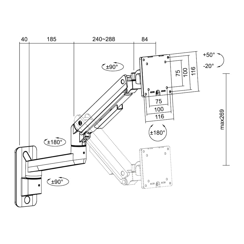 LOGILINK Monitorhalterung BP0169, 43,2 - 124,5 cm (17" - 49"), Gasdruckfeder, Aluminium