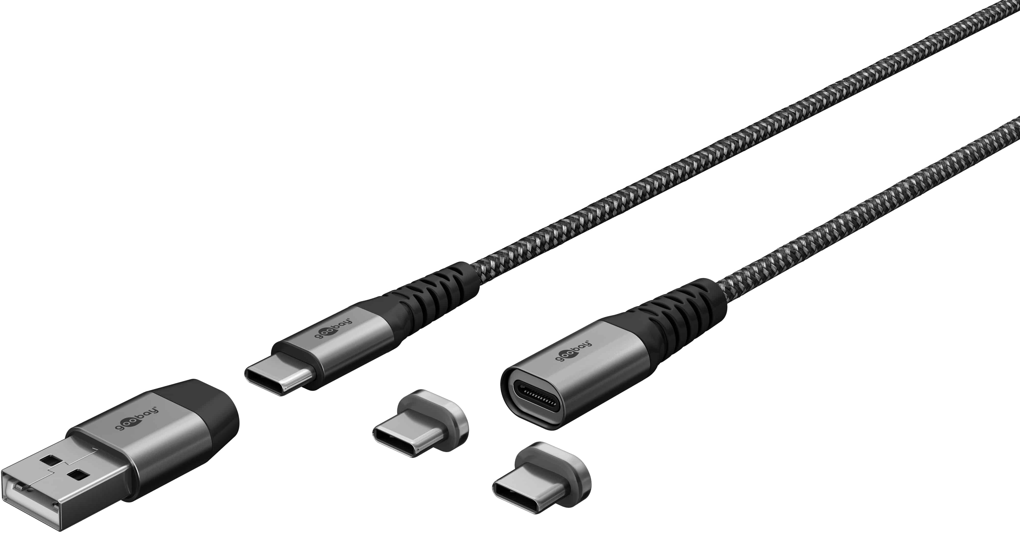 GOOBAY USB-Ladekabel 2in1 USB-C/USB-A auf USB_C Magnetadapter 1m im Textilmantel
