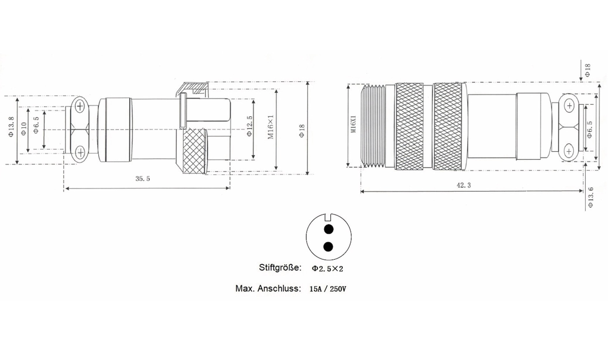 Hochstrom Steckverbinder-Set, 2-polig, Ø 16 mm, Schraubverschluss