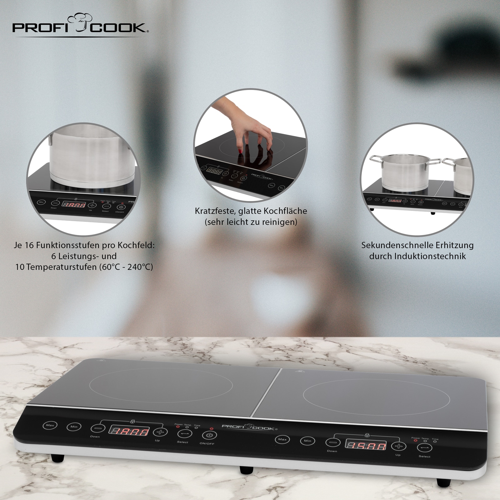 PROFI COOK Induktions-Doppelkochplatte PC-DKI 1067, 3500 W, schwarz