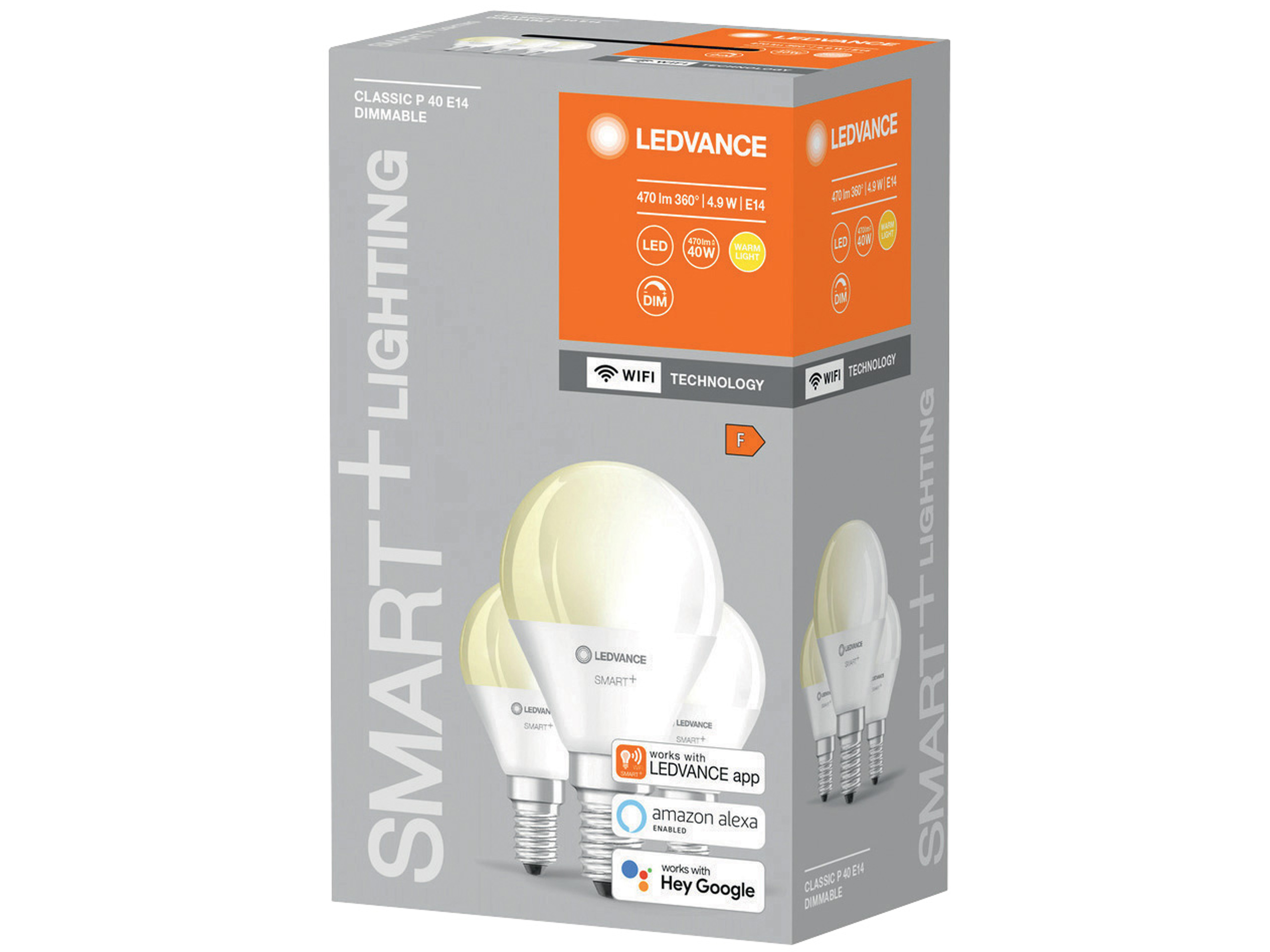 LEDVANCE LED-Lampe SMART+ WiFi Candle, B40, E14, EEK: F, 4,9 W, 470 lm, 2700 K, Smart, 3 Stück