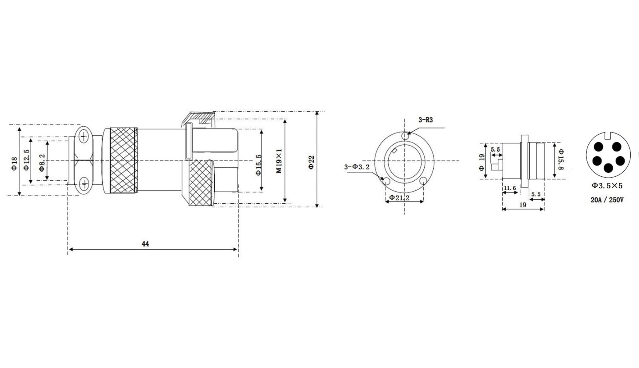 Hochstrom Einbaustecker-Set, 5-polig, Ø 19 mm, mit Abdeckkappe