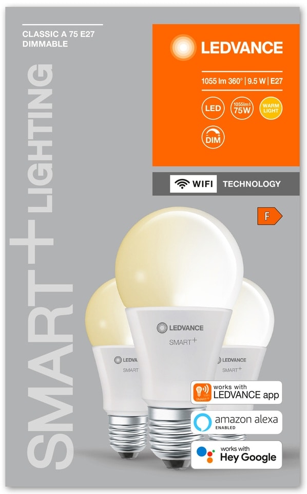 LEDVANCE LED-Lampe SMART+ WiFi Classic, A60, E27, EEK: F, 9,5 W, 1055 lm, 2700 K, Smart, 3 Stück