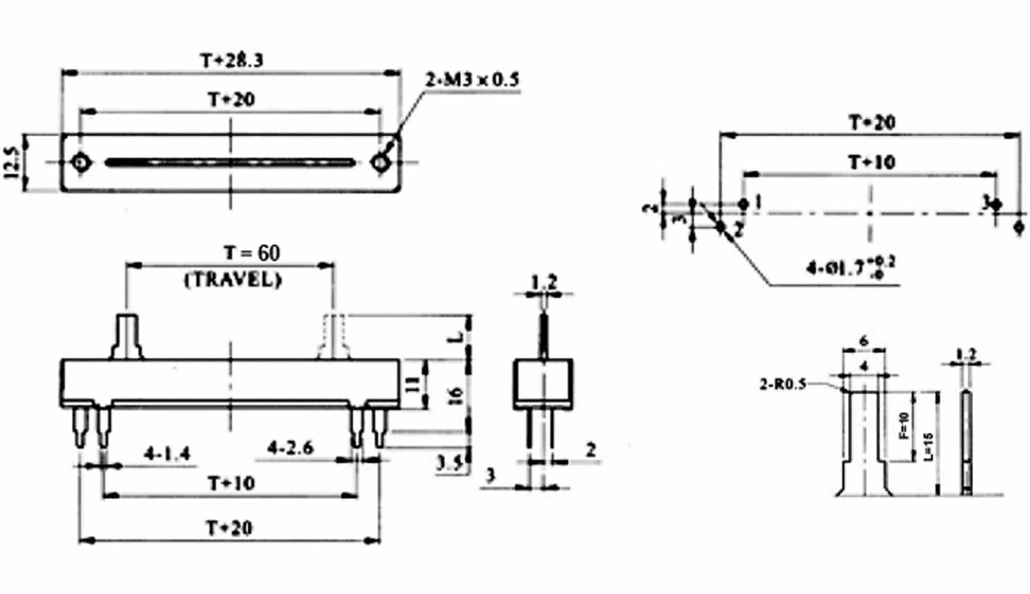 Schiebepotentiometer, 0,5 W, lin., 10 kΩ 