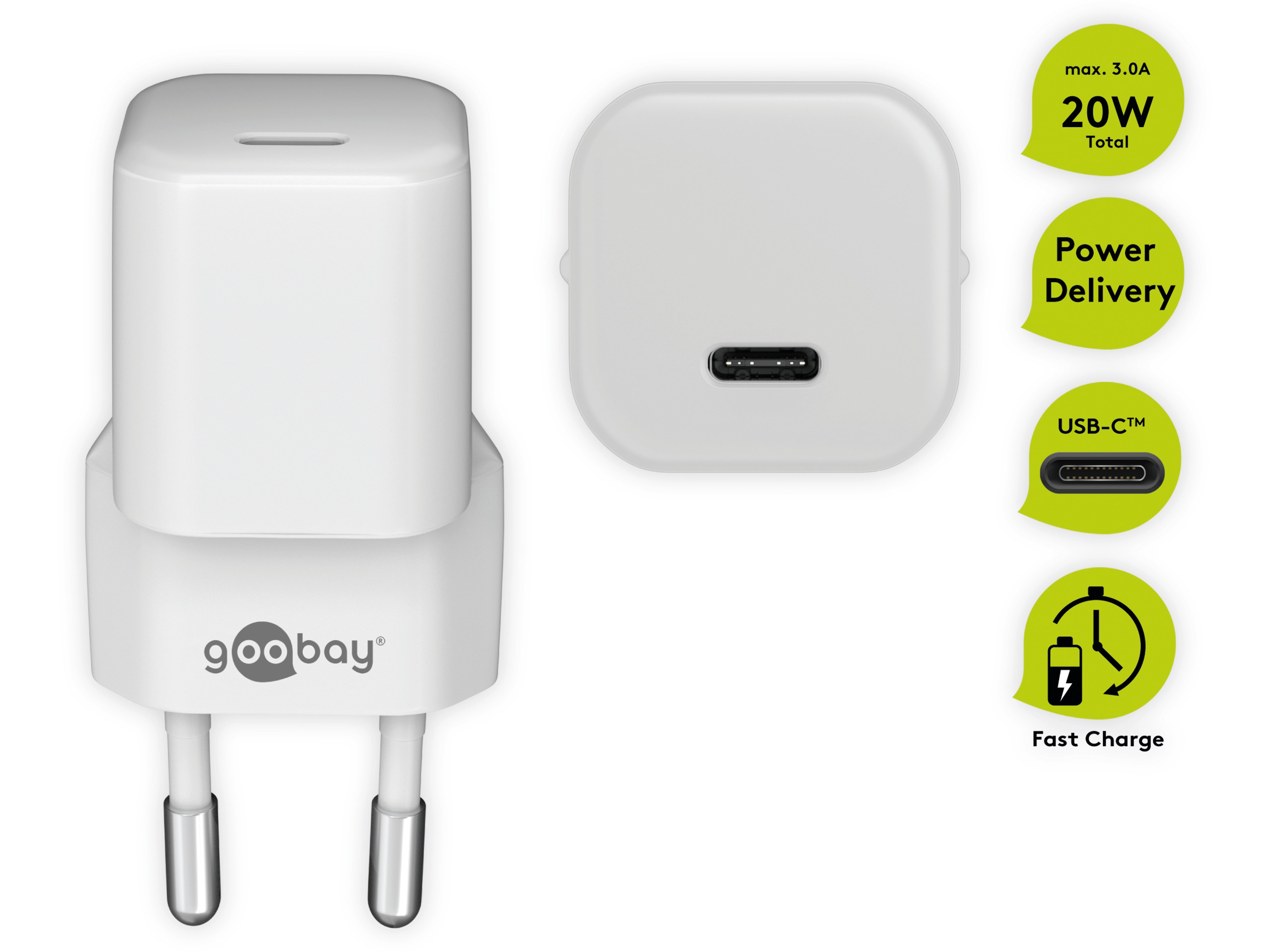 GOOBAY USB-Lader USB-C, 20W, Schnellladefunktion, weiß