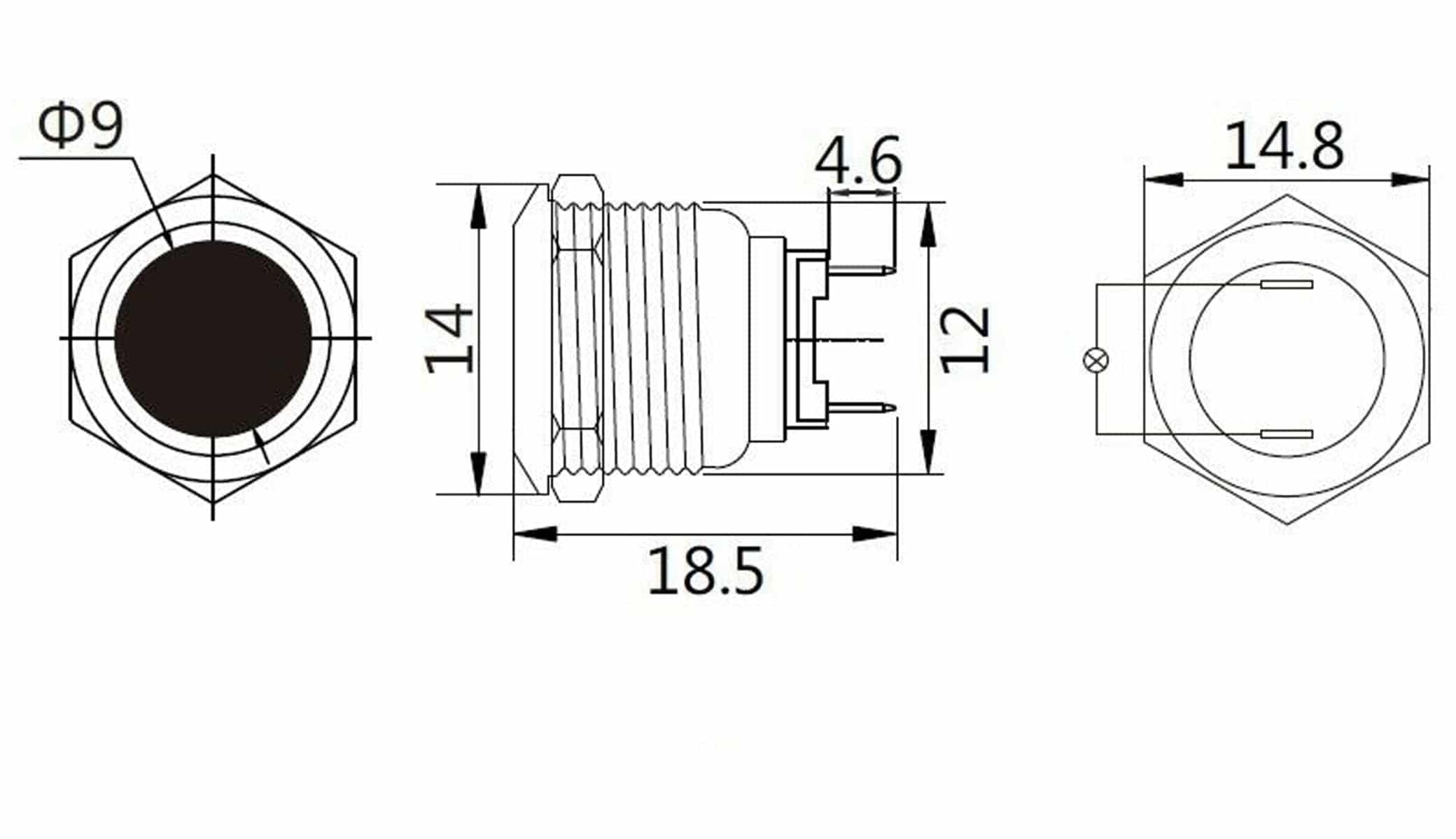 LED-Kontrollleuchte, Signalleuchte 12V, Orange, Ø12 mm, Messing, Tiefe 18 mm