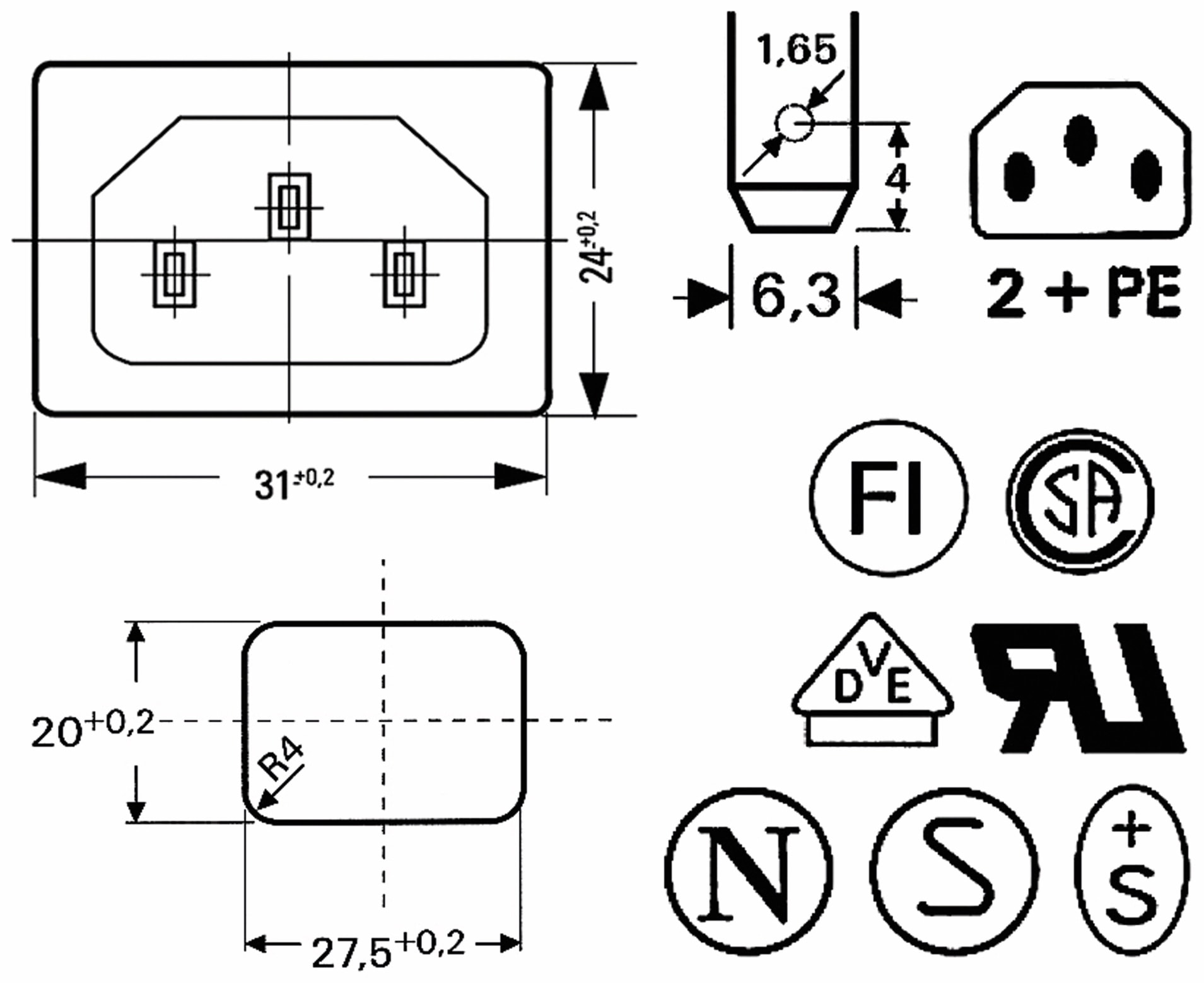 Kaltgeräte Einbaustecker, Snap-in, schwarz