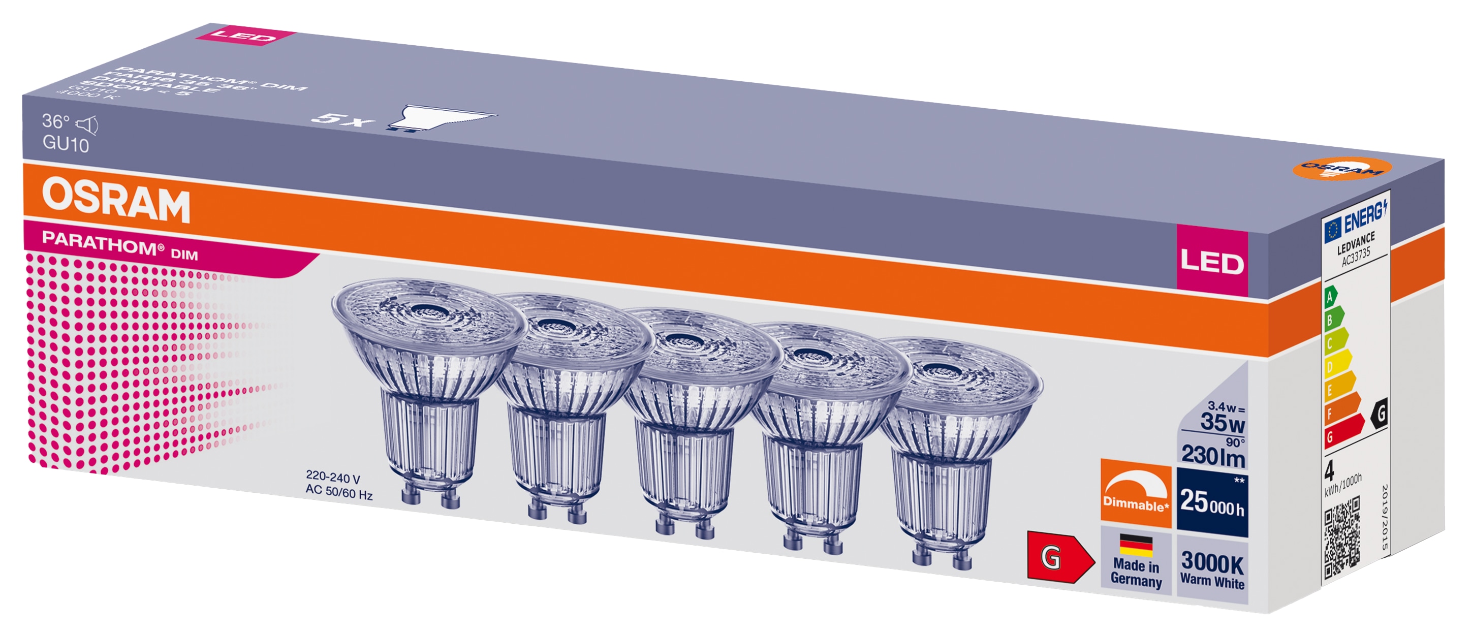 OSRAM LED-Reflektorlampe PARATHOM DIM, PAR16, GU10, EEK: G, 3,4 W, 230 lm, 4000 K, 5 Stück