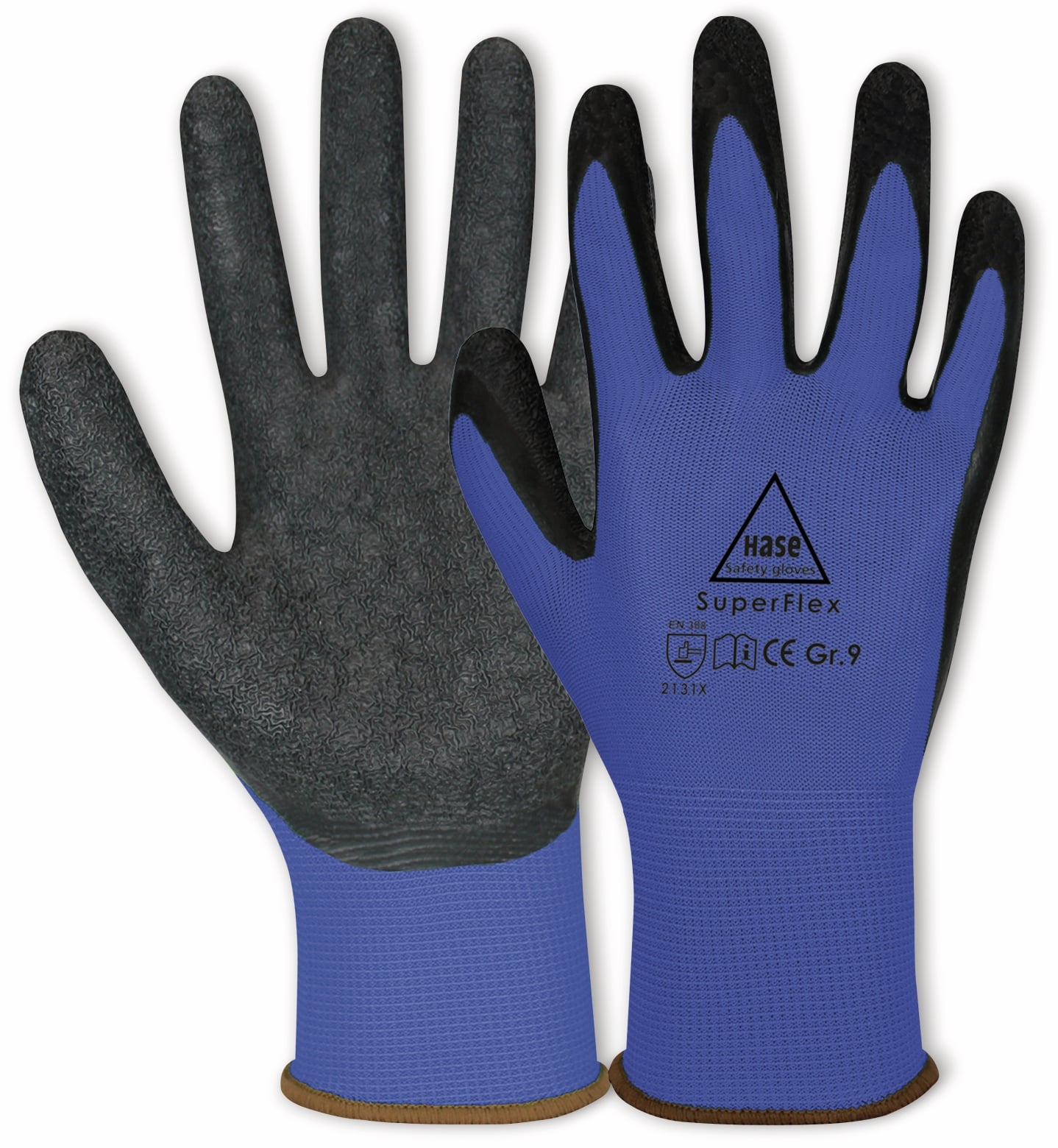 HASE SAFETY GLOVES Latex-Arbeitshandschuhe Superflex, EN 388, EN 420, Größe 7, blau/schwarz