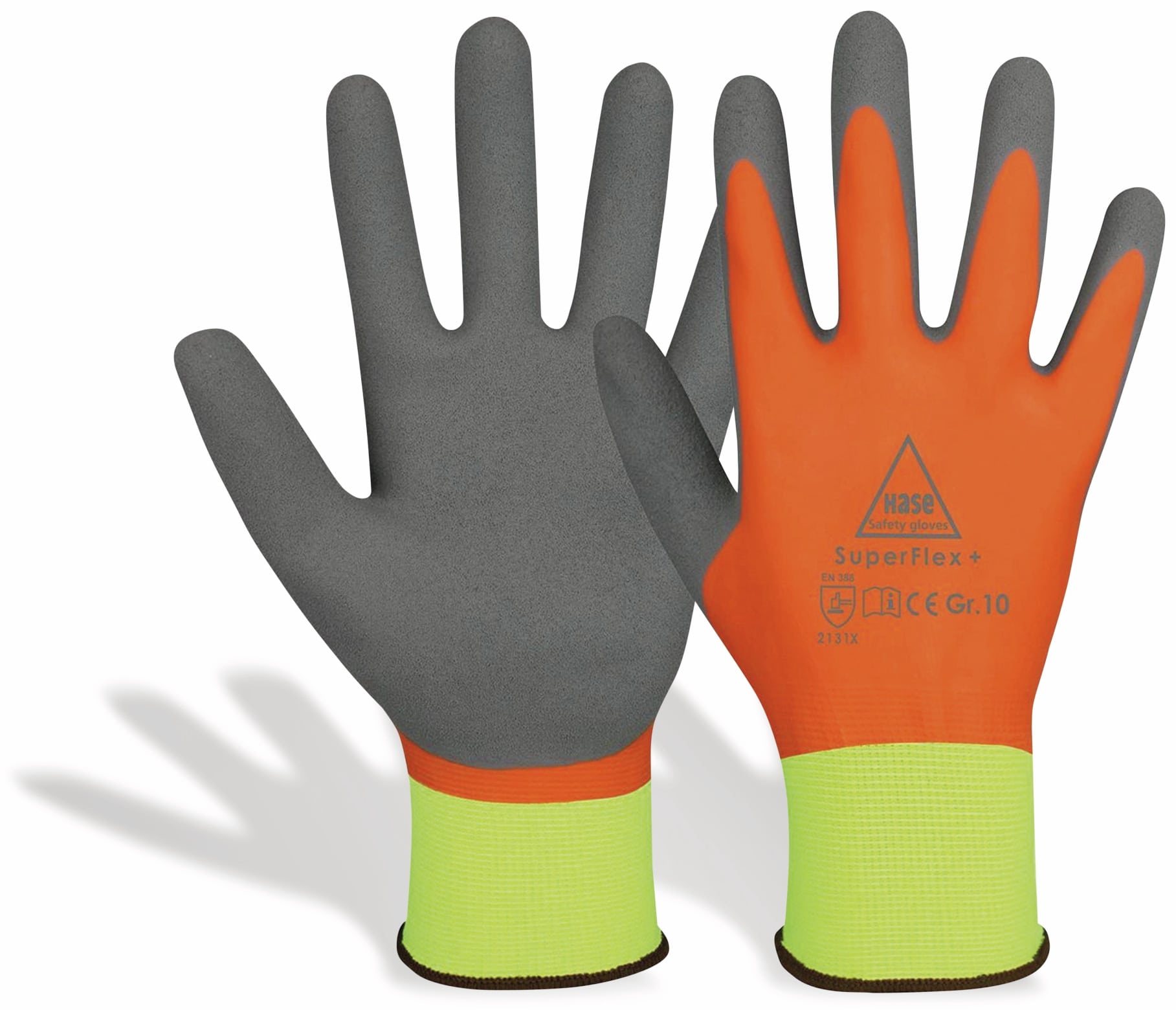 HASE SAFETY GLOVES Latex-Arbeitshandschuhe SuperFlex+, EN388, EN 420, neongelb/orange, Größe 11