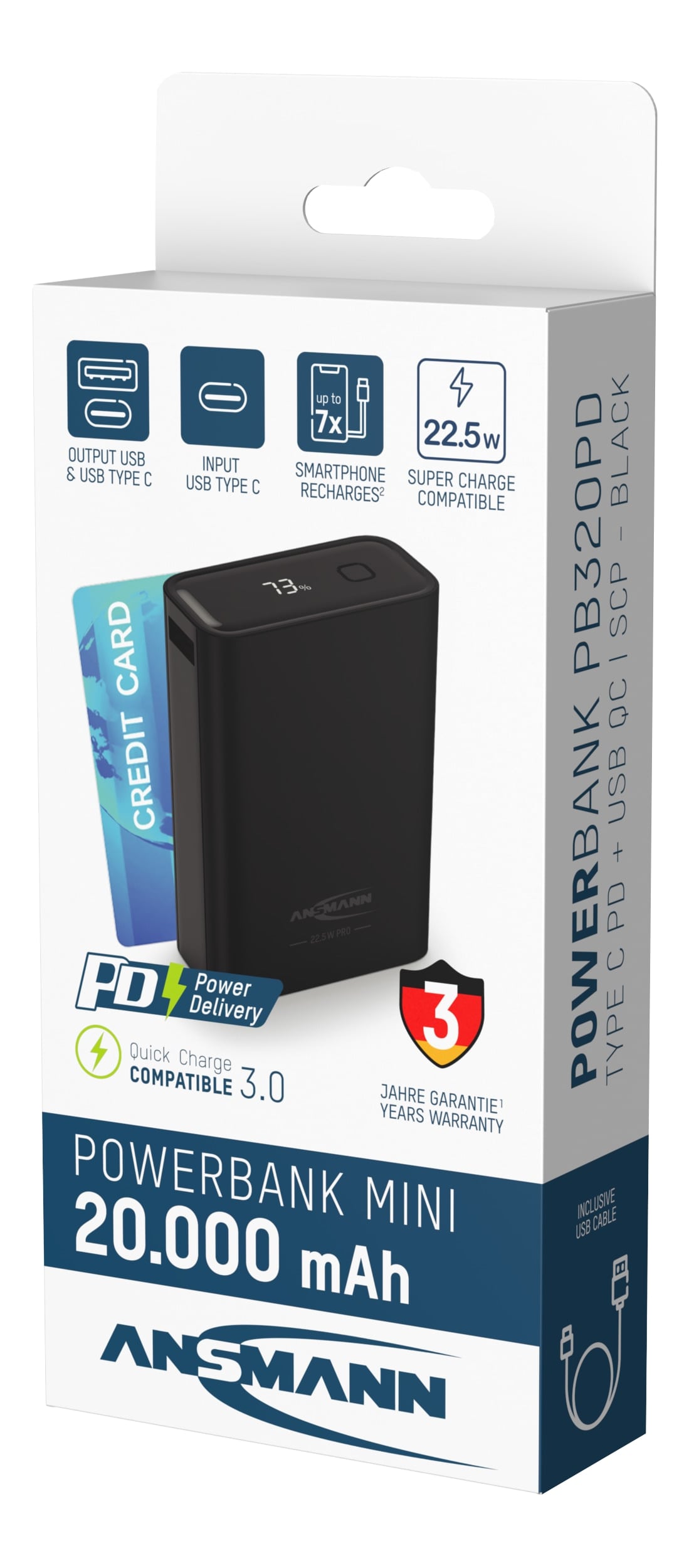 ANSMANN Powerbank PB222PD, 20000 mAh, 1xUSB-A, 1xUSB-C, schwarz 