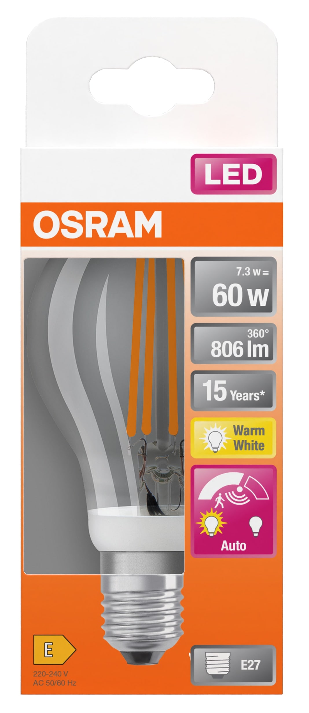 OSRAM LED-Lampe Star Classic, A60, E27, EEK: E, 7,3 W, 806 lm, 2700 K, mit Bewegungssensor