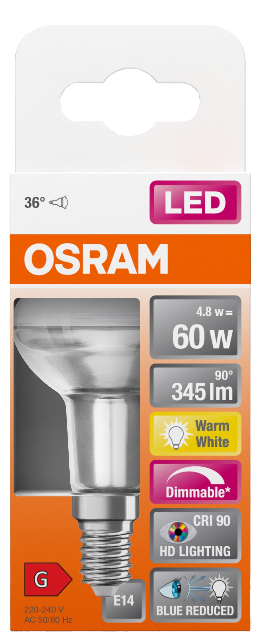 OSRAM LED-Reflektorlampe Superstar Plus, R50, E14, EEK: G, 4,8 W, 345 lm, 2700 K