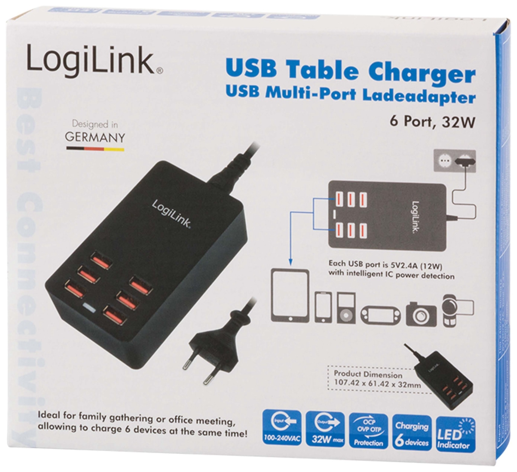 LOGILINK USB-Lader, PA0139, 6-fach, 32W, Tischgerät