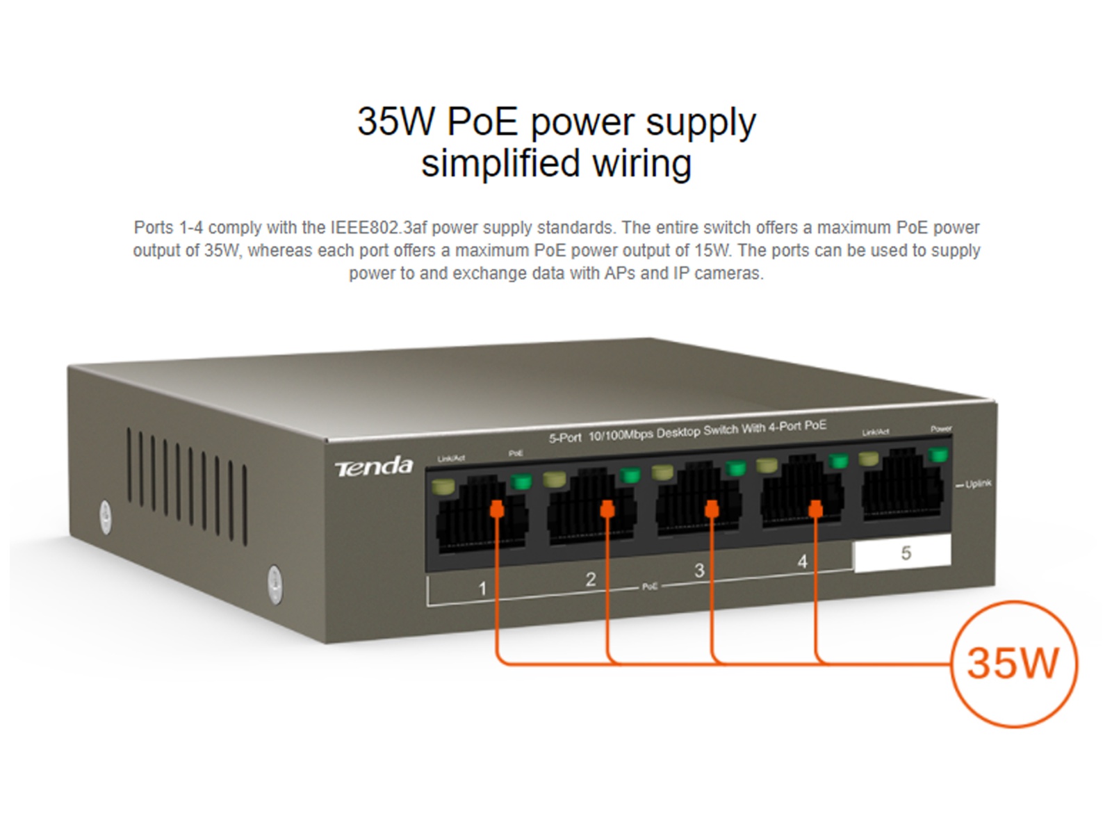 Tenda Switch TEF1105P-4-38W, 5-port, 38 W