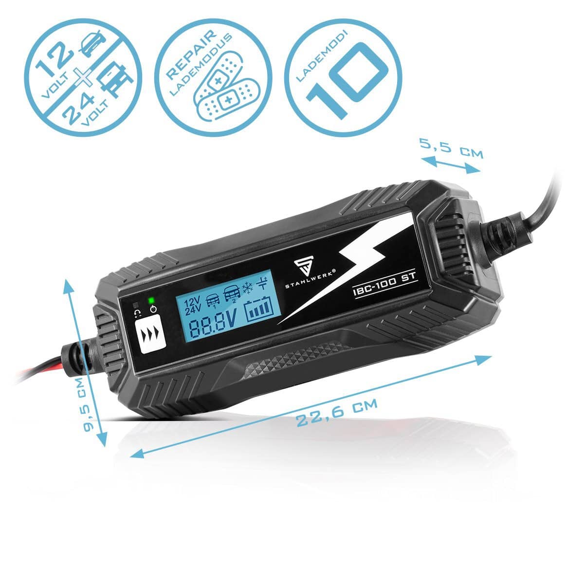 STAHLWERK Batterieladegerät IBC-100 ST, 12 V/ 24 V, 10 Lademodi