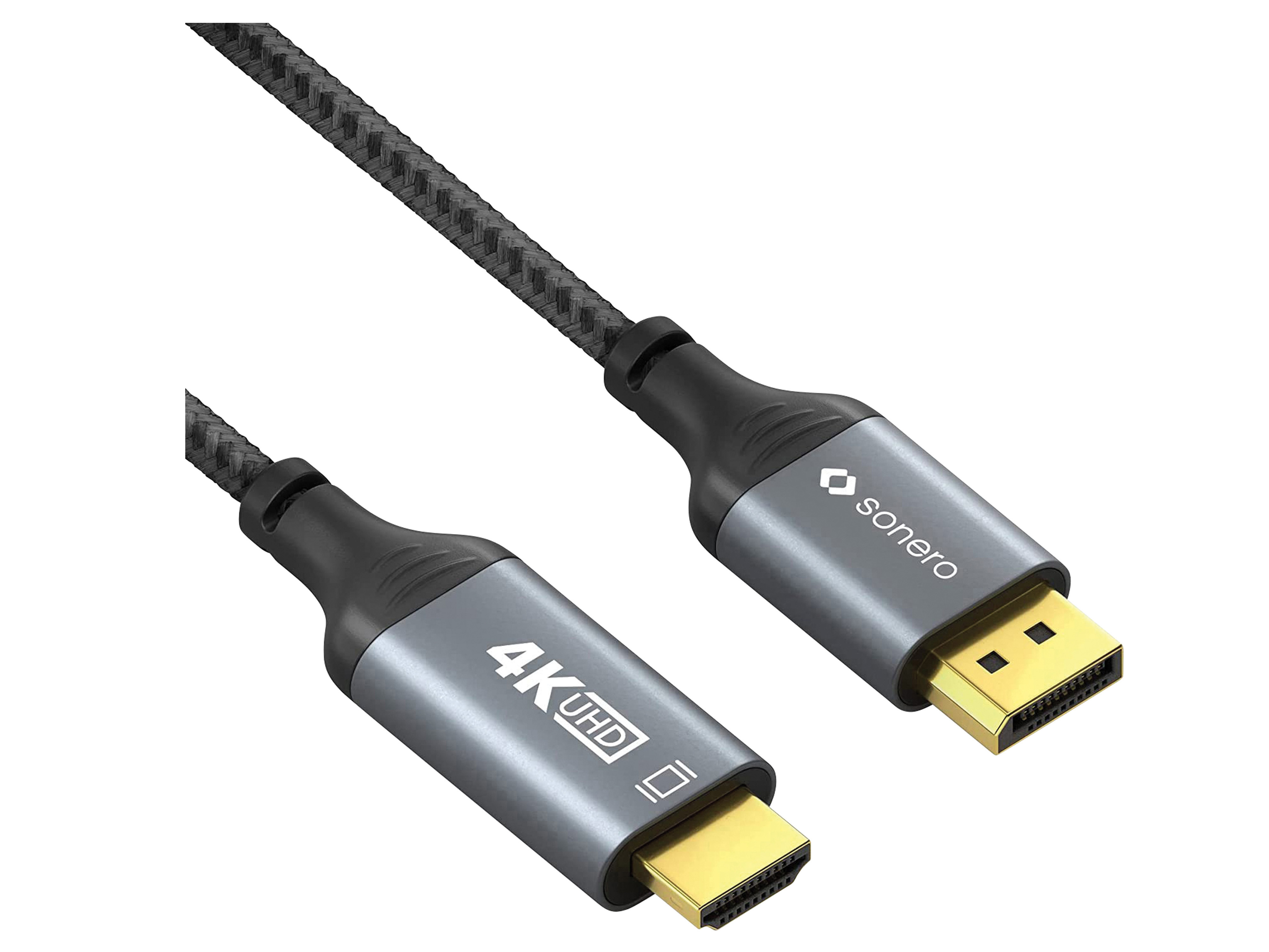 SONERO DisplayPort-Kabel, DP/HDMI, Stecker/Stecker, 4K60, grau/schwarz, 2 m