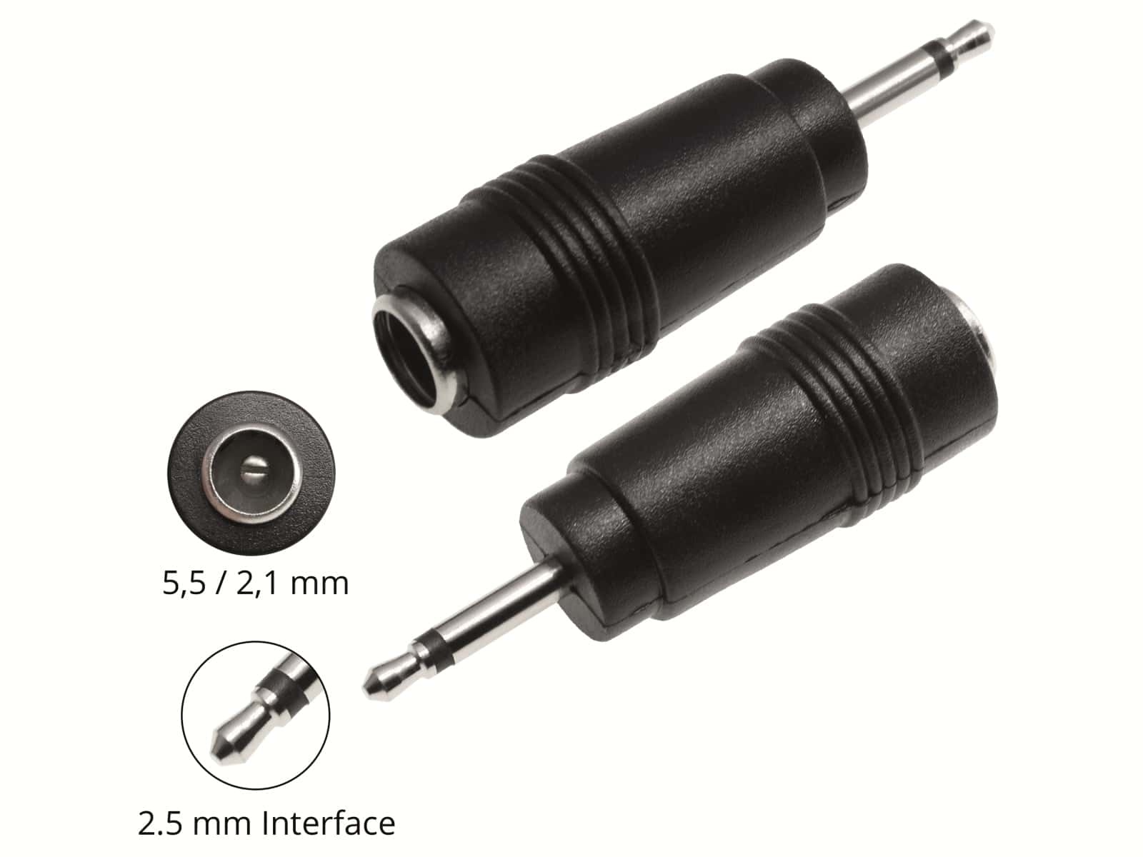 Hohlsteckeradapter, 5,5/2,1 Hohlkupplung auf 2,5 mm Klinkenstecker