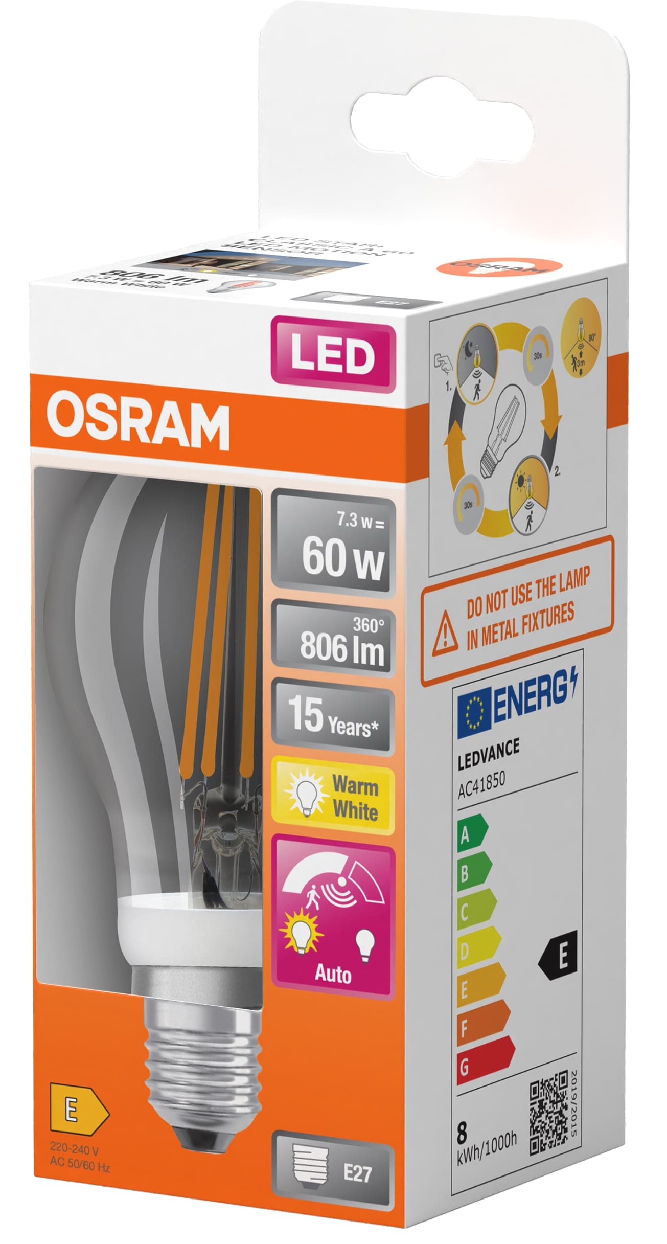 OSRAM LED-Lampe Star Classic, A60, E27, EEK: E, 7,3 W, 806 lm, 2700 K, mit Bewegungssensor