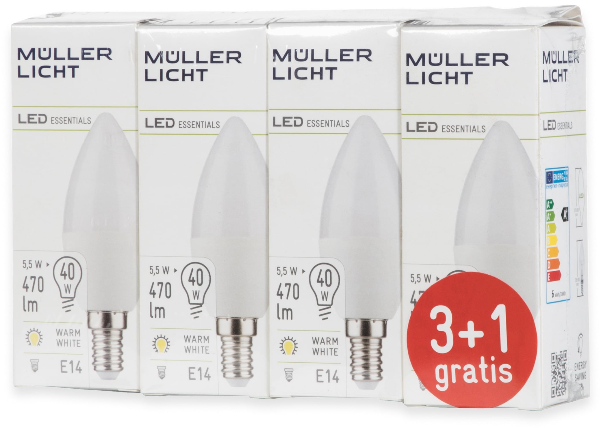 MÜLLER-LICHT LED-Lampe, Kerzenform, 400258, E14, EEK: F, 4,5W, 470 lm, 2700 K, matt, 4 Stück