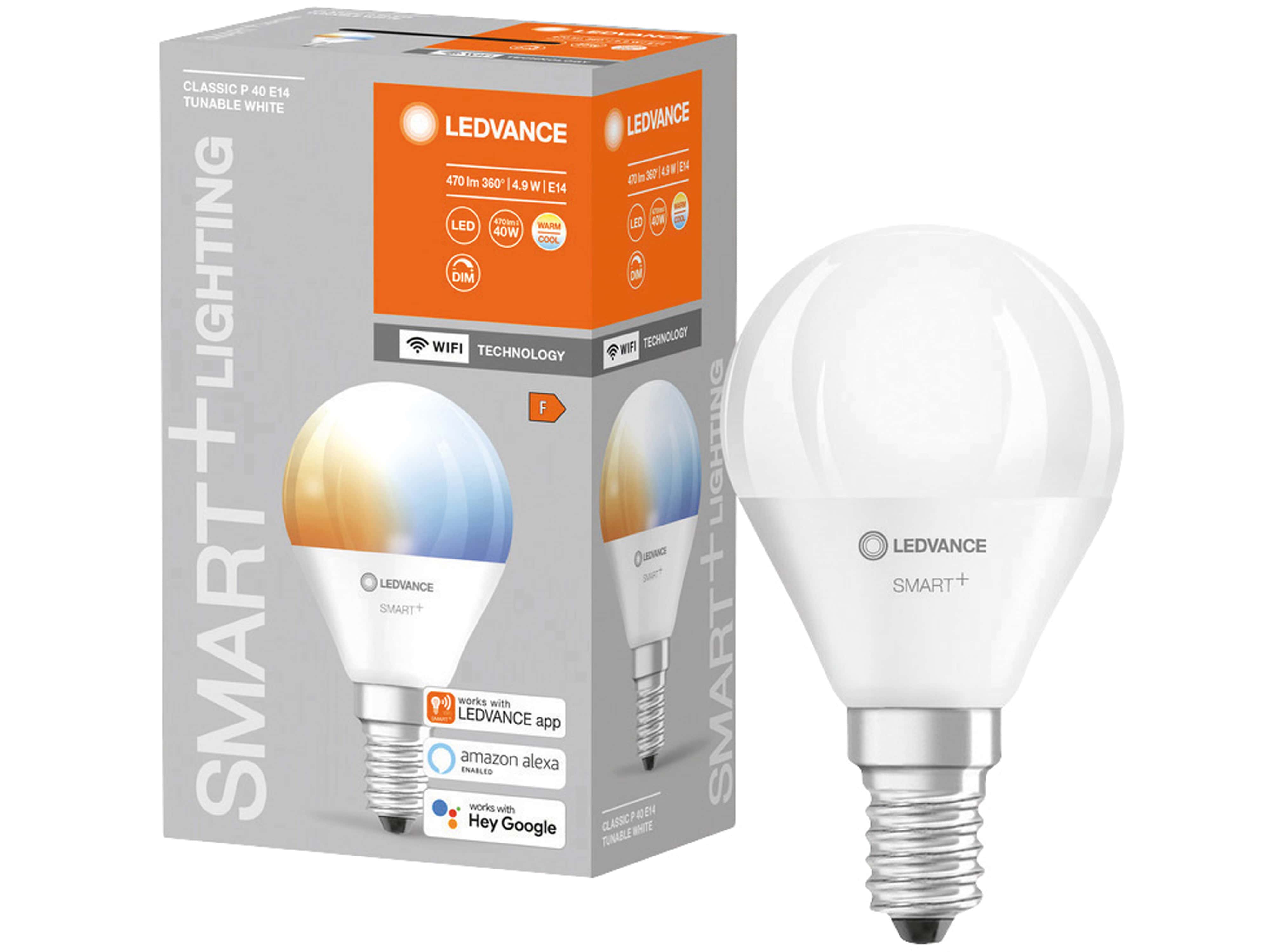 LEDVANCE LED-Lampe SMART+ WiFi Mini bulb, P46, E14, EEK: F, 4,9 W, 470 lm, 2700…6500 K, Smart