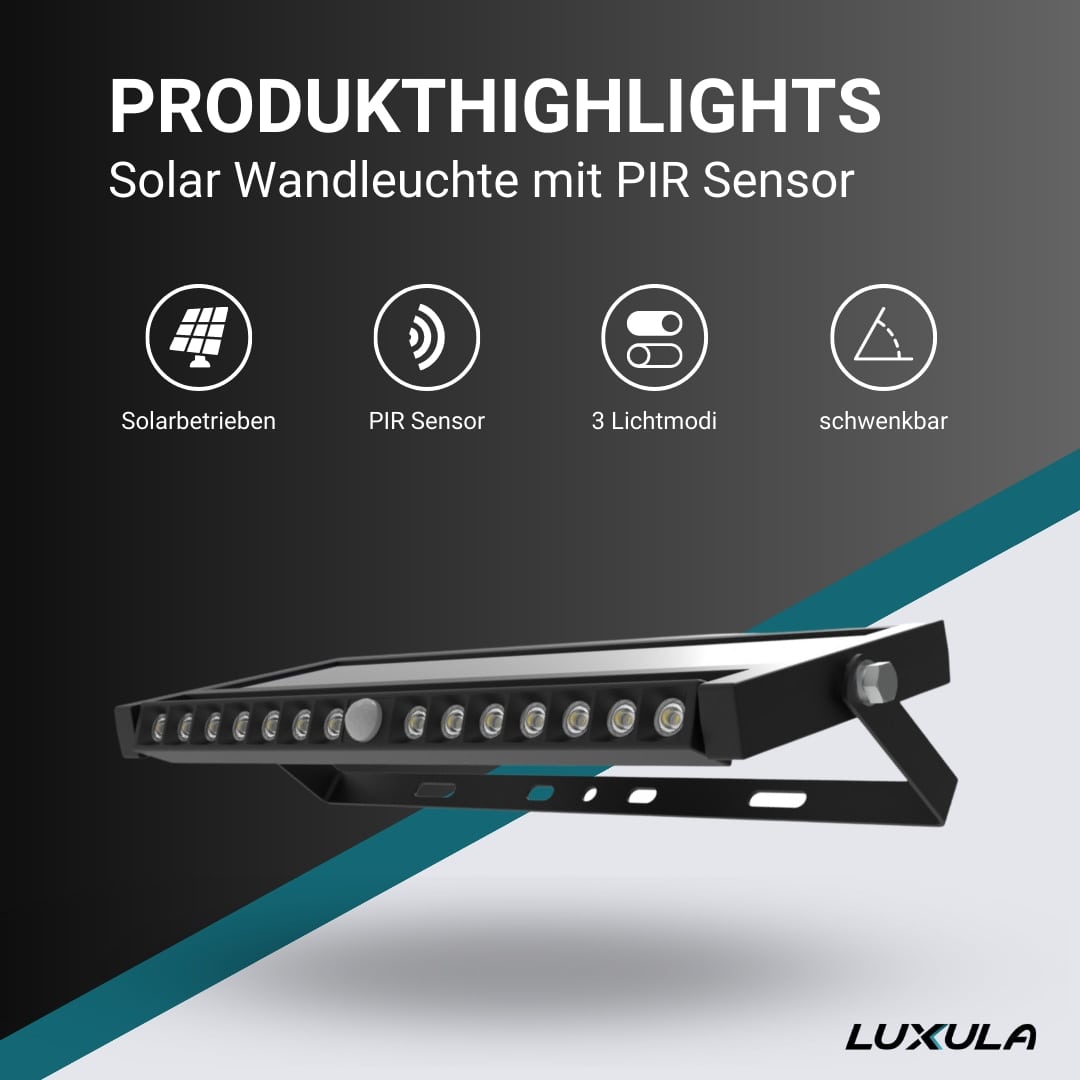 LUXULA Solar LED-Wandleuchte, 10 W, 1000 lm, PIR-Sensor, schwenkbar