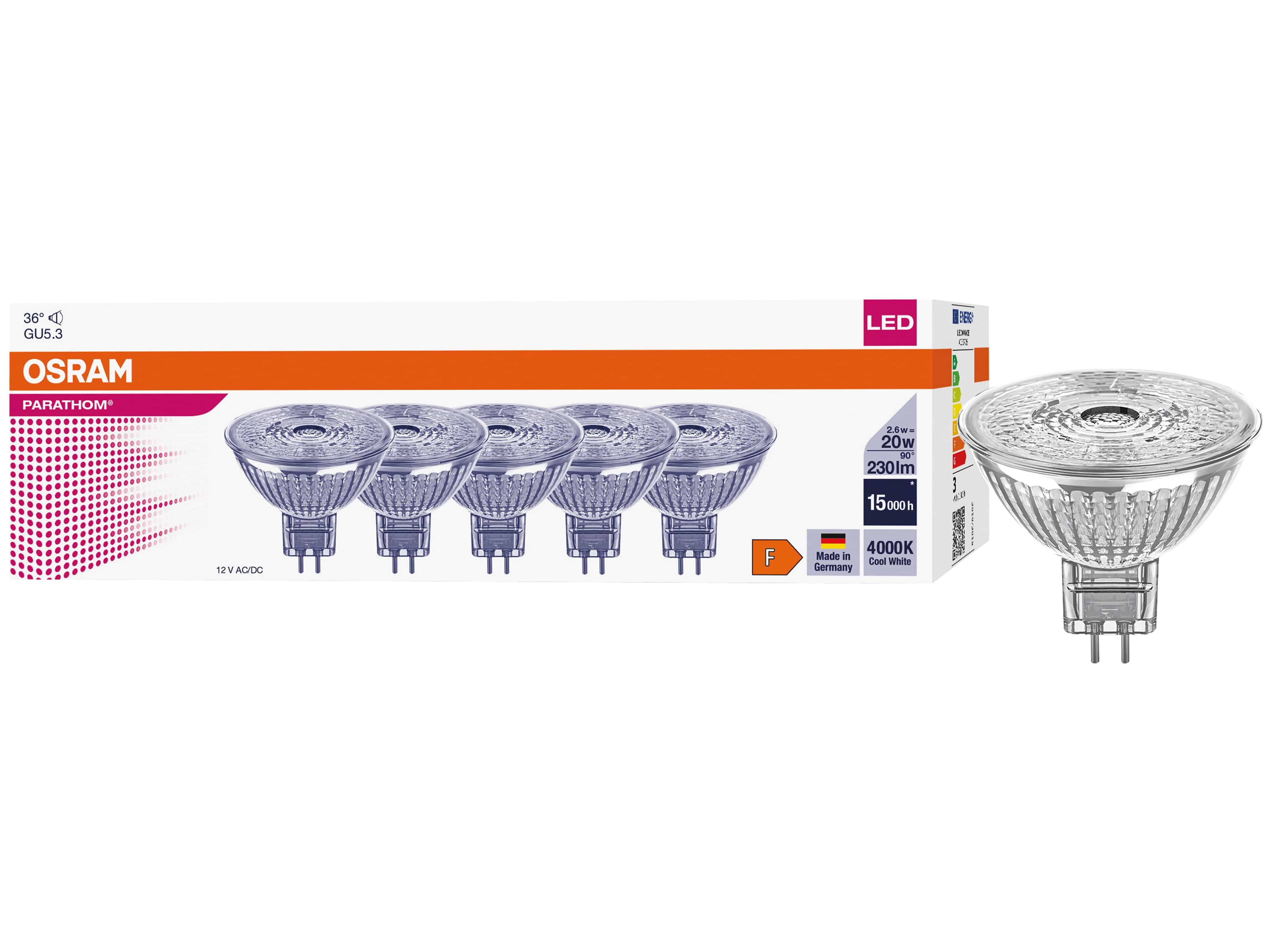 OSRAM LED-Reflektorlampe PARATHOM DIM, MR16, GU5.3, EEK: F, 2,6 W, 230 lm, 4000 K, 5 Stück