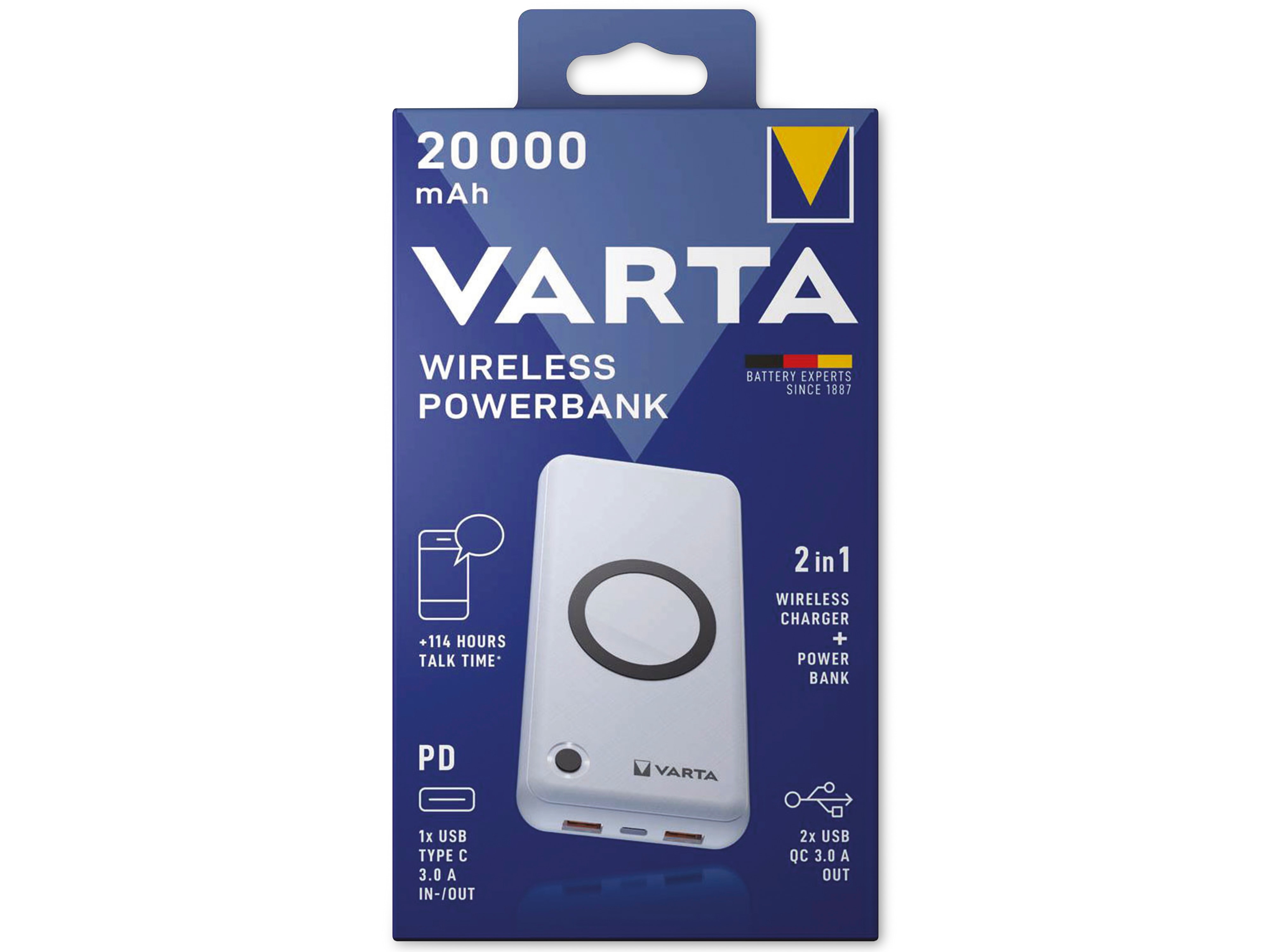 VARTA USB-Powerbank Wireless, 20.000mAh, mit Ladekabel