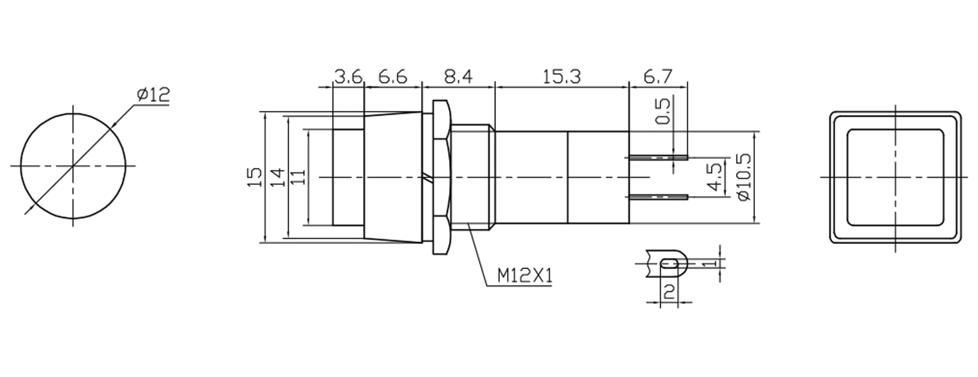 Einbau-Druckschalter PBS-12A, quadratisch, Ein/Aus, rot