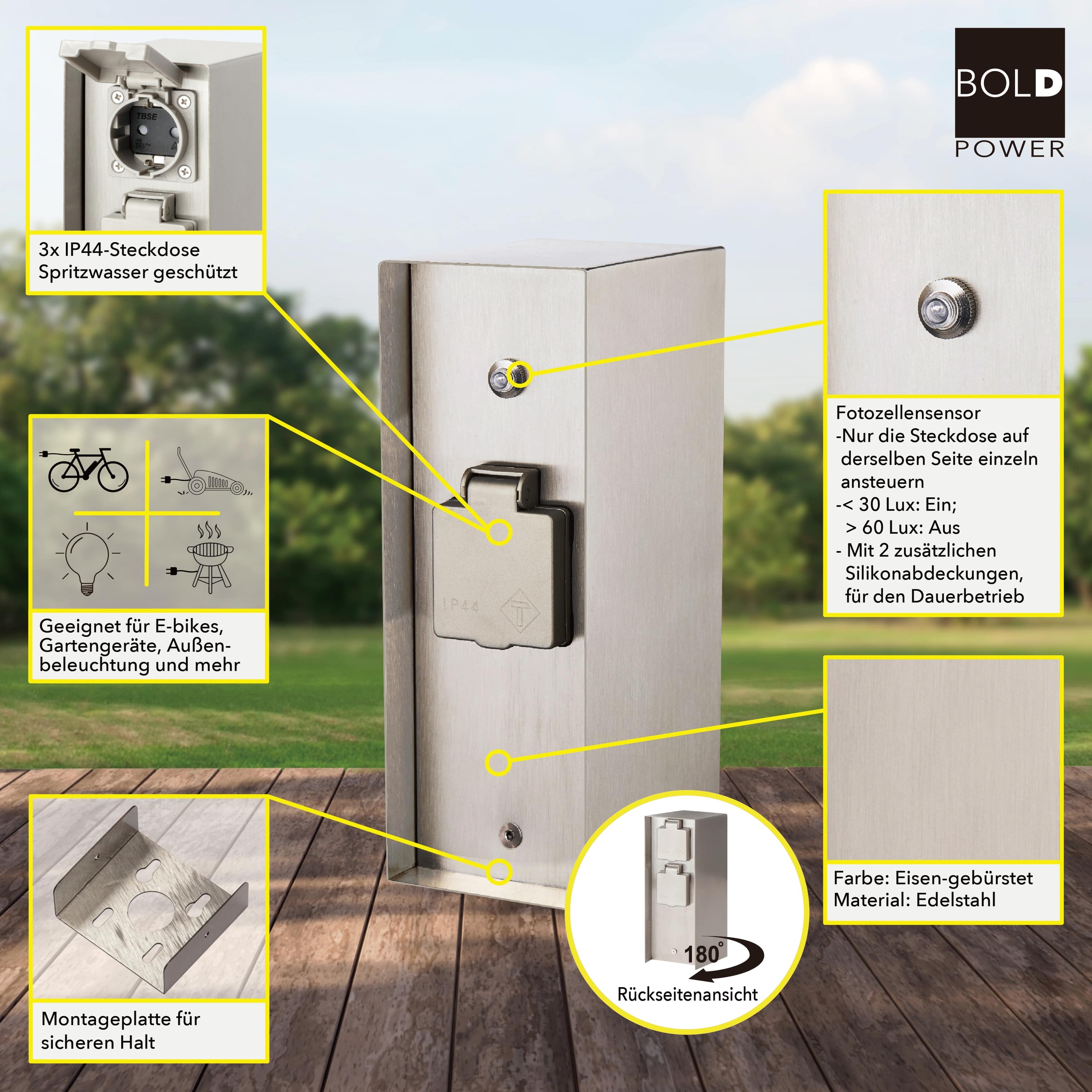 BOLD POWER Steckdosensäule Orio 10035, 3-fach, IP44, Eisen gebürstet, mit Dämmerungssensor